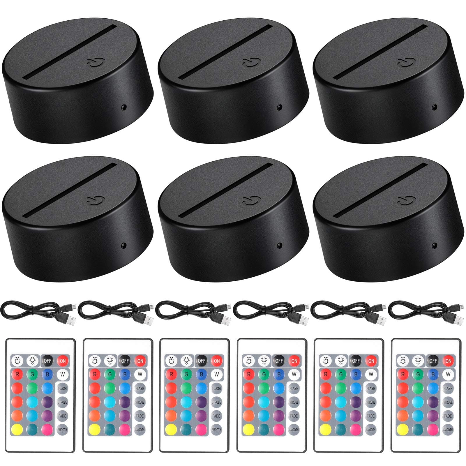 Honoson 6 Pieces 3D Night LED Light Lamp Base 16 Colors LED Light Display Base with Remote Control and USB Cable, Christmas Light Lamp Base for Acrylic for Restaurant Room Shop (Black)