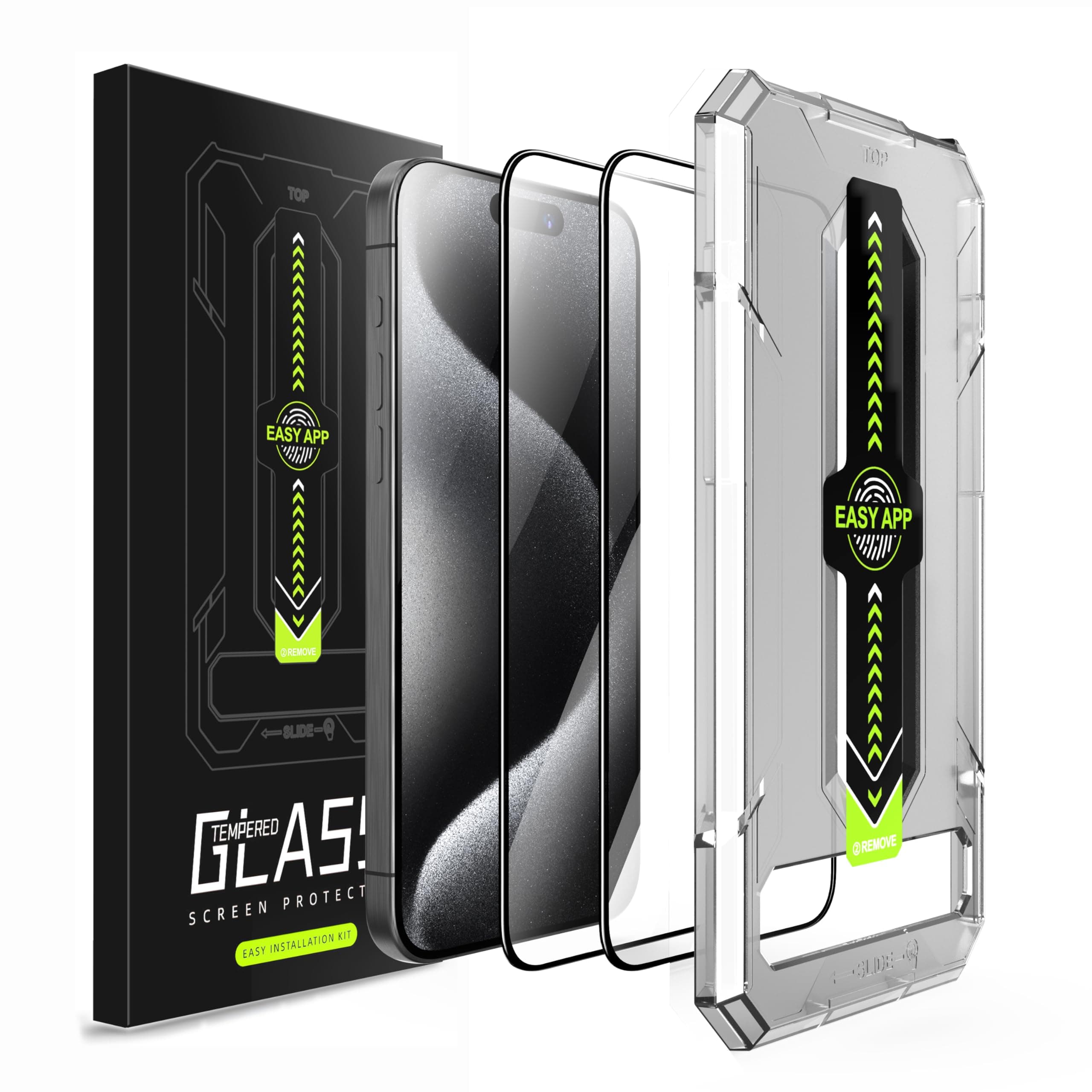 Amozo Easy Fit Tempered Glass Screen Protector Guard for iPhone 16 Pro Max Edge To Edge Coverage (with easy applicator) - Pack of 2