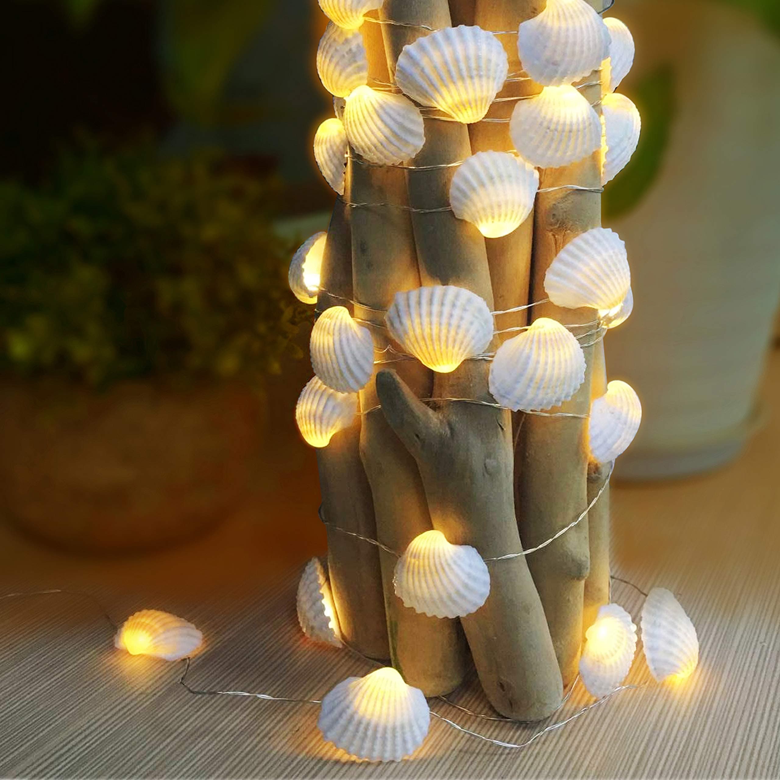 Natural Beach Seashell String Lights 13.85 Ft 40 Warm White LED Weatherproof Battery Operated 8 Modes Ocean Lights for Holiday Parties Bedrooms Weddings Gardens with Remote and Timer