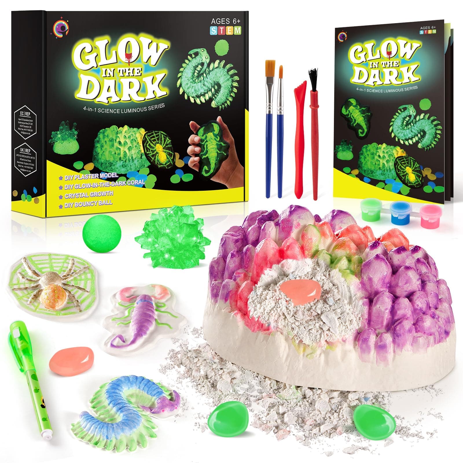 Science Experiments for Kids, Glow in The Dark Science Kit with Plaster Model, Coral Gemstone Dig, Crystal Growth, Bouncy Ball, STEM Toys Scientific Birthday Gift for Boys Girls Ages 6 Years Plus