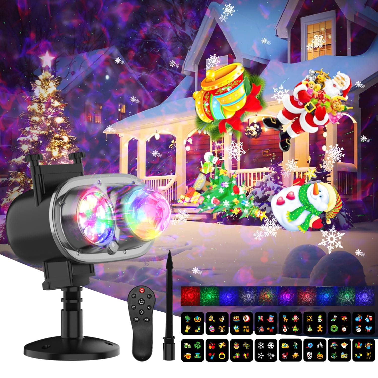 LED Christmas Projector Lights,2-in-1 Ocean Wave Projector,16 Slides 10 Colors,Remote Control Indoor Outdoor Waterproof Holiday Light for Halloween Christmas Birthday Party Garden Landscape Decoration