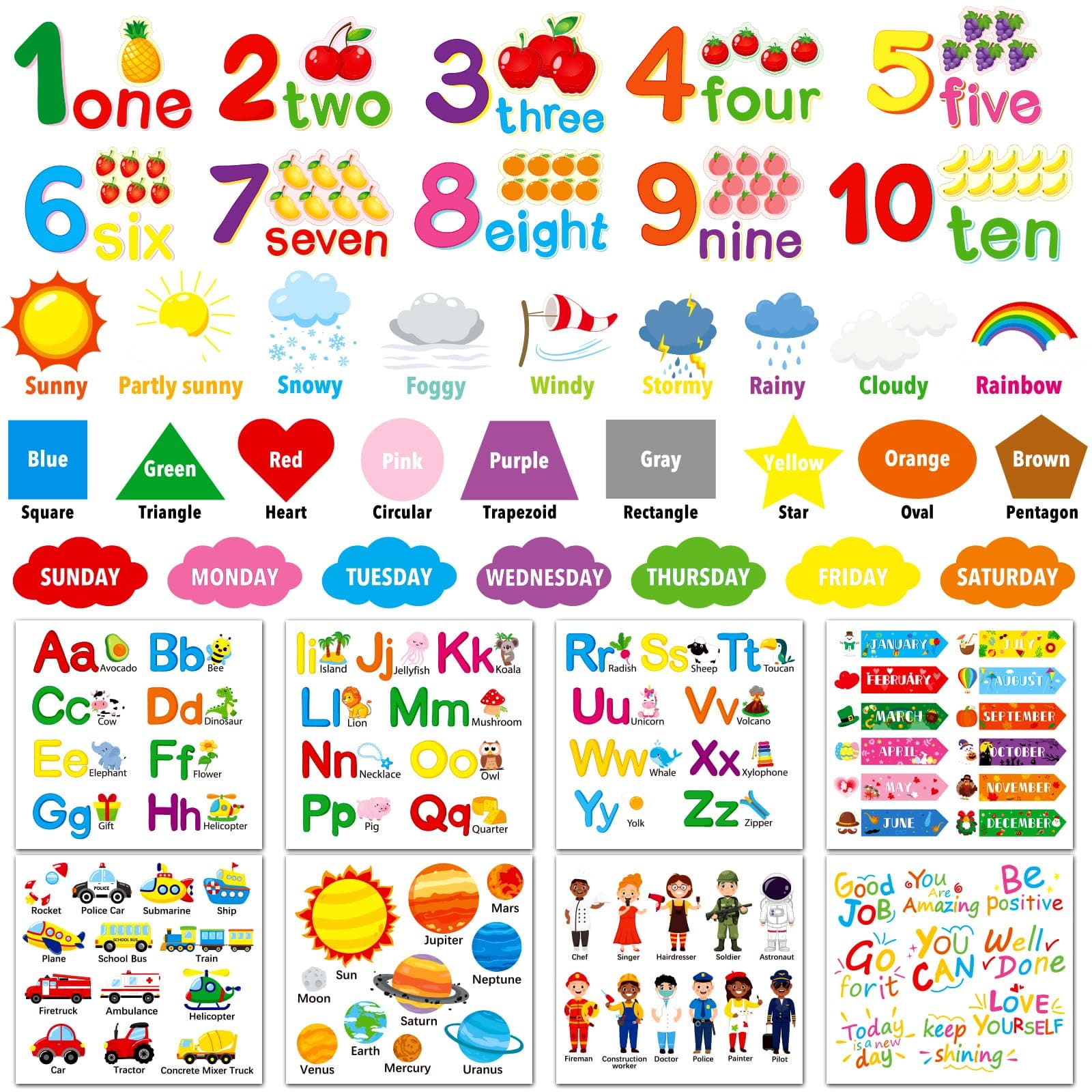 Alphabet Numbers Wall Decals 12 Sheets Color Weather Learning Educational Wall Stickers Peel and Stick Solar System Shape Decals for Kids Toddlers Classroom Playroom Bedroom Wall Decorations