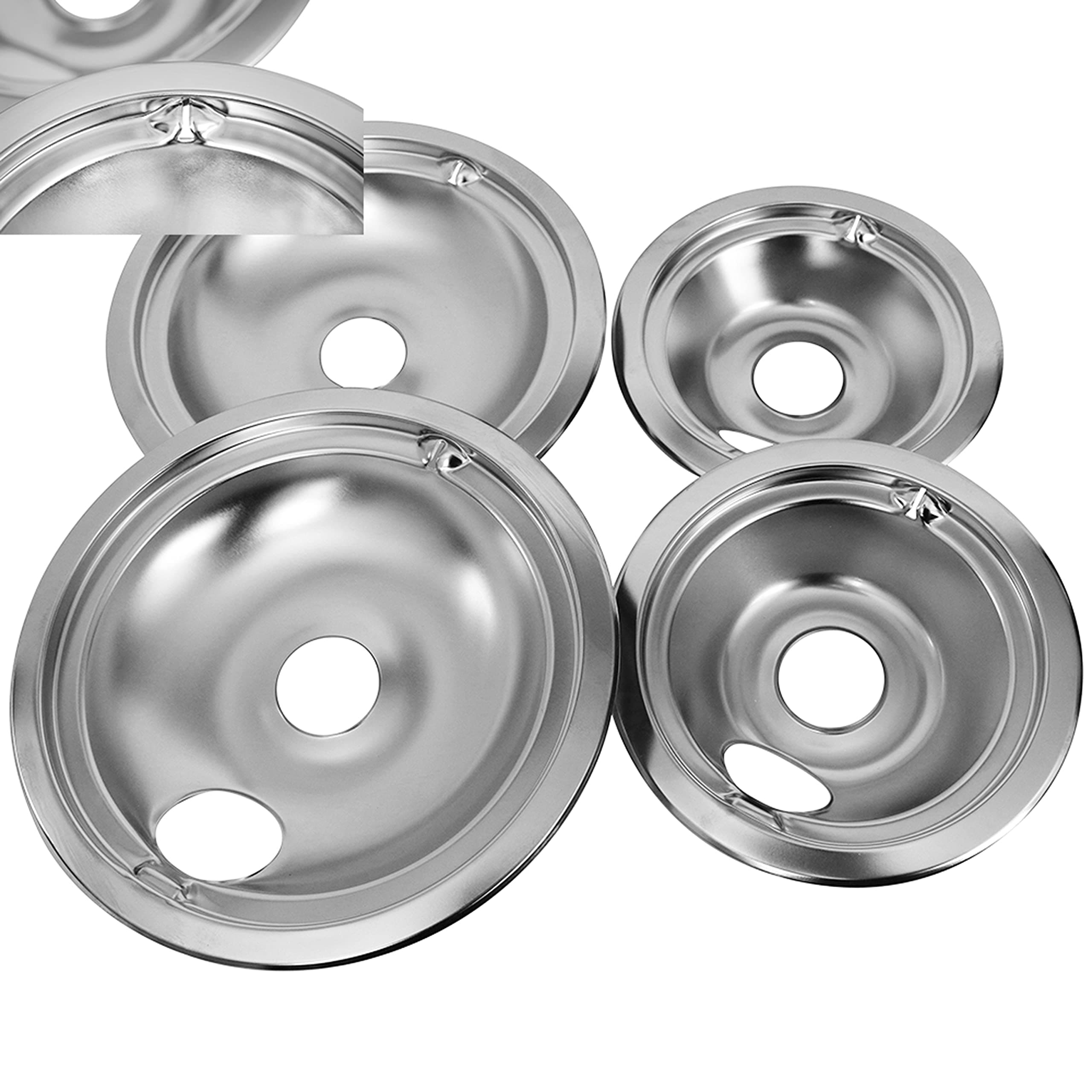 Kitchen Basics 101: Made in the USA 4 Pack (2) 6" and (2) 8" Chrome Burner Drip Pan Bowls Replacement for GE GE68C