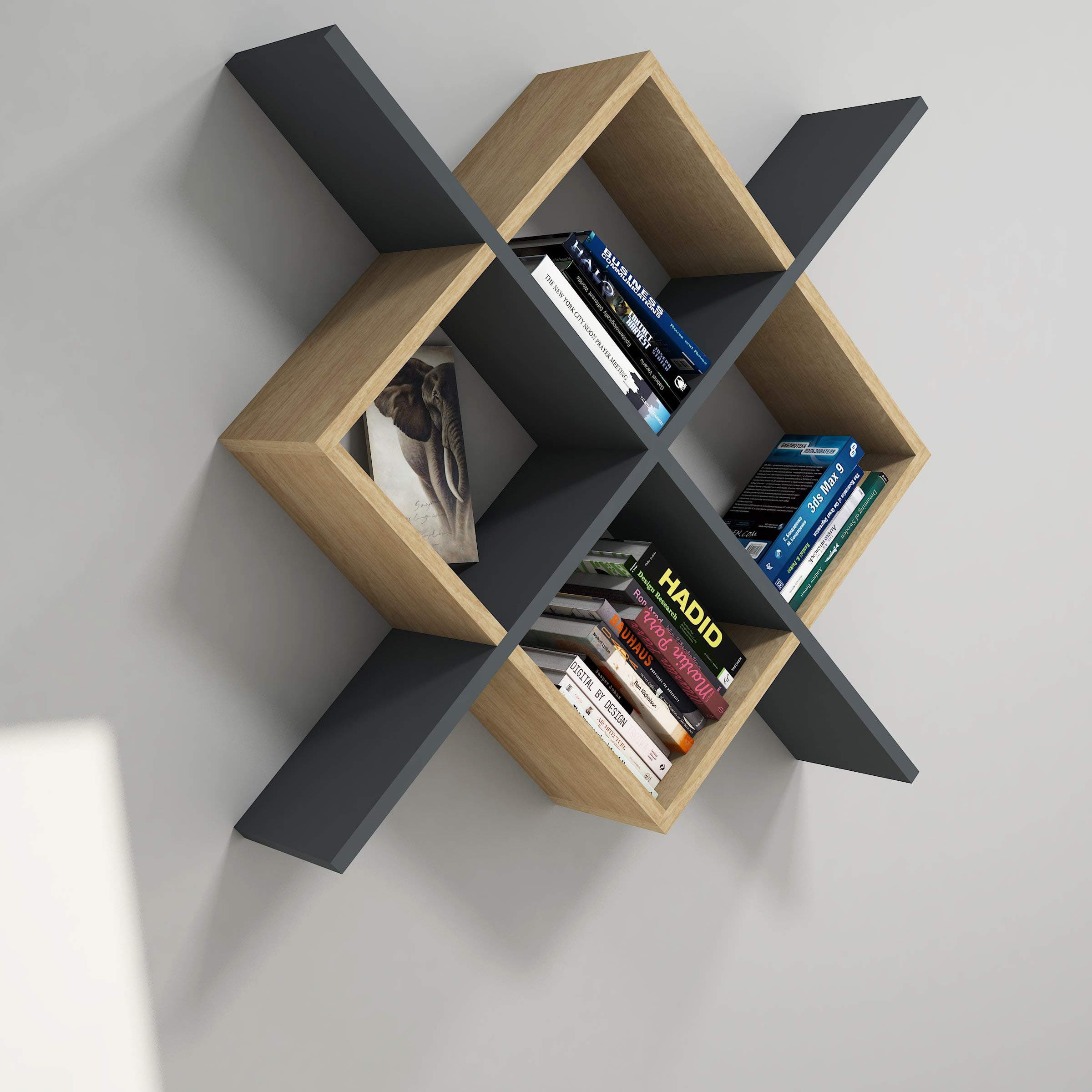 Vivense Semo Wall Mounted Bookcase - Floating Shelves and Display Units - Grey & Oak