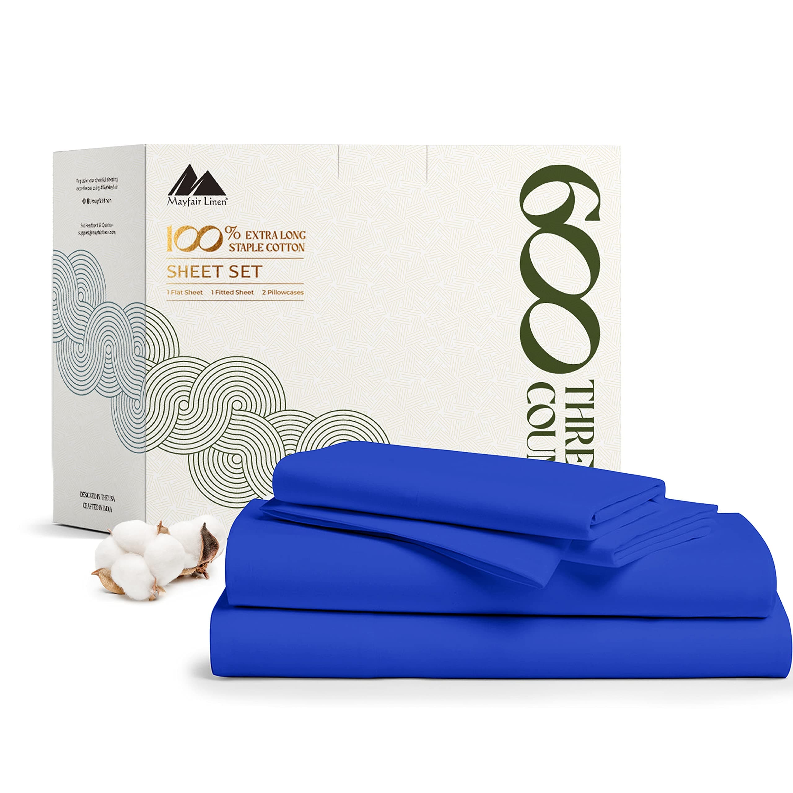 Mayfair Linen100% Cotton Sheets - 600-Thread-Count Full Size Luxury Hotel Egyptian Cotton Quality Soft Bed Sheets for Full Bed, Sateen Weave, Soft, Deep Pocket Fitted 4 Pc Bedding Set (Royal Blue)