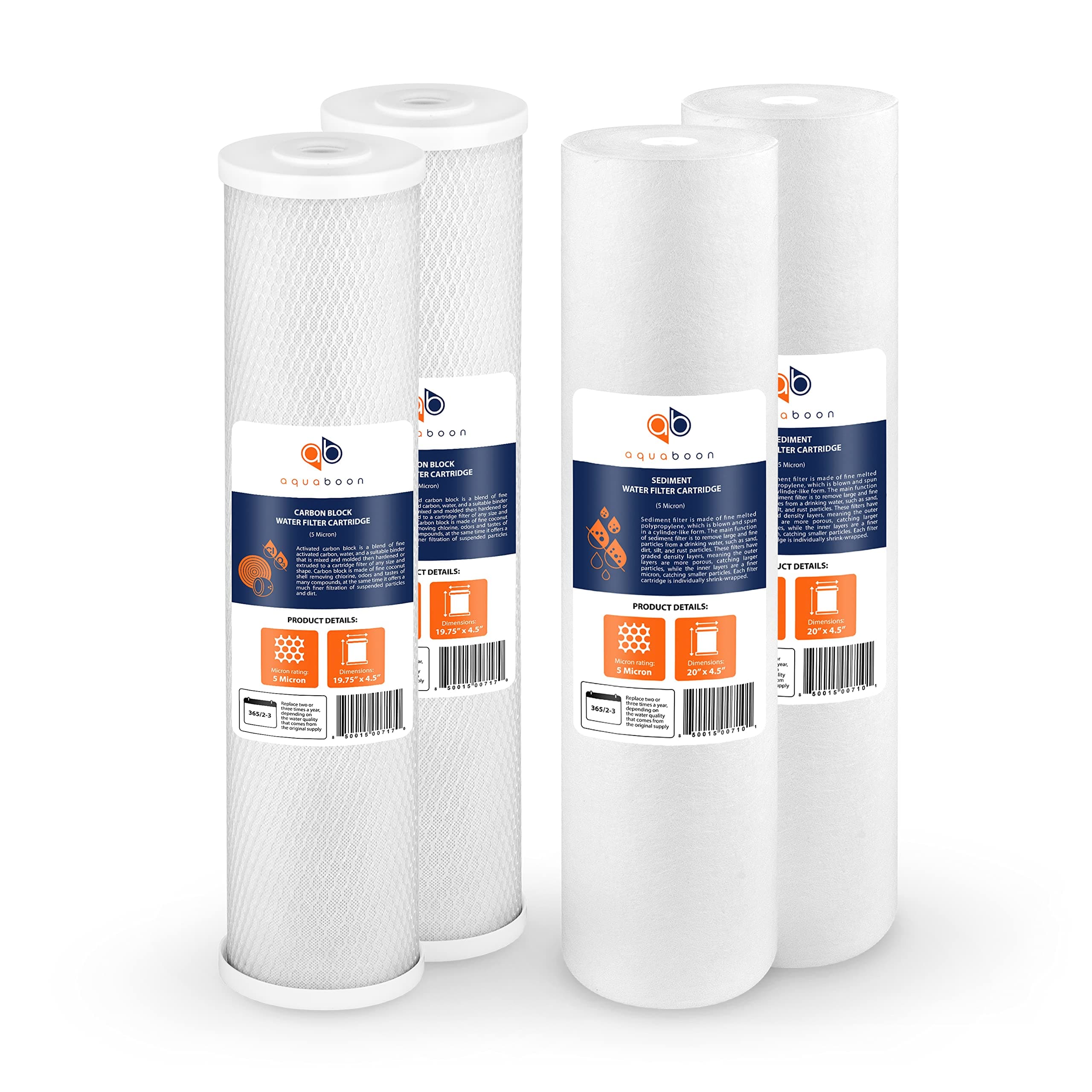 5 Micron 20 x 4.5 Water Filter Cartridges Set of 4, Whole House Water Filter Replacements for 2-Stage Sediment & Chlorine, Odors Reduction