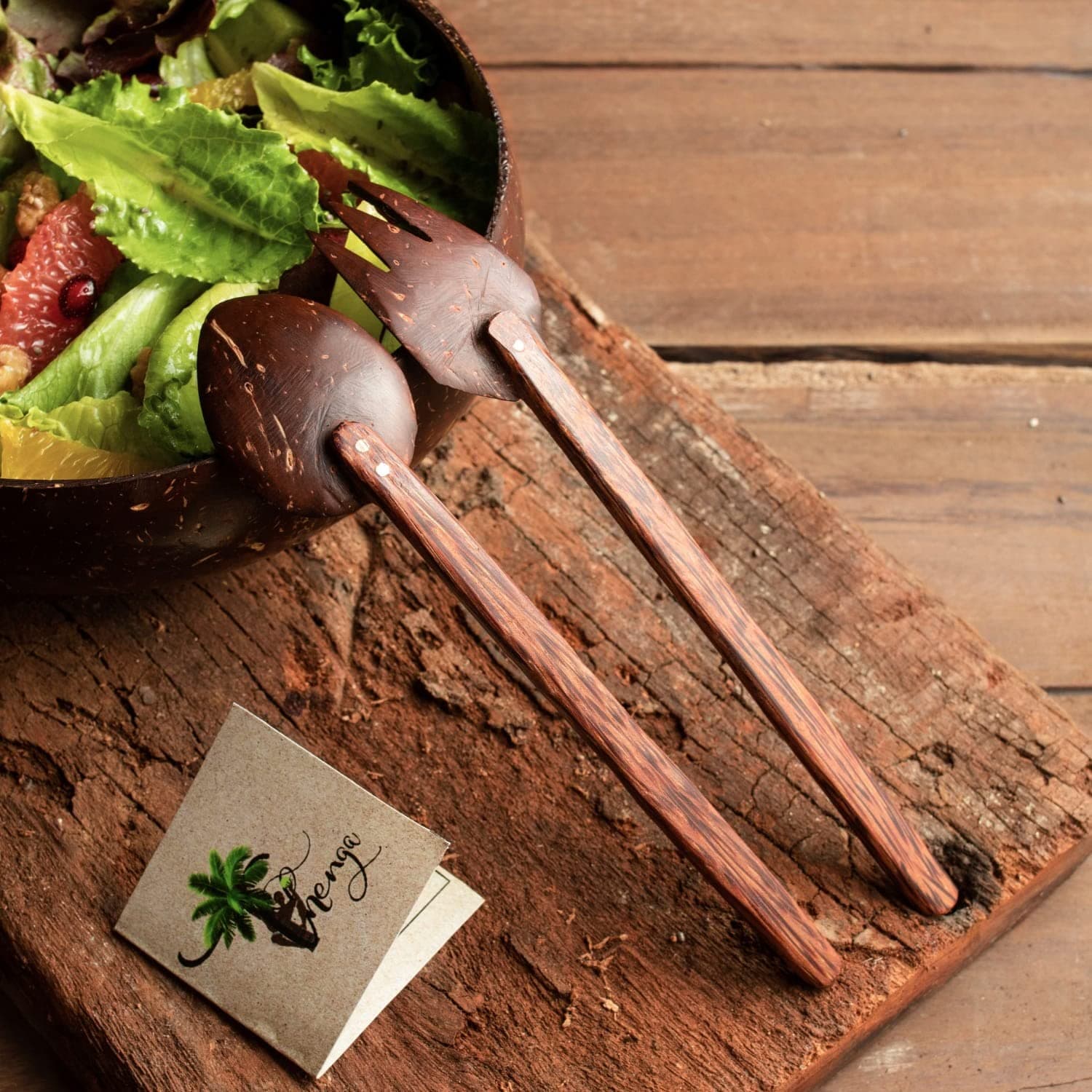 Thenga Coconut Shell Fork & Spoon Sets | 100% Natural Eco-Friendly Wooden Cutlery | Handmade Sustainable Dining Utensils for Salad, Snacks, Smoothie & Meals | 2 Forks + 2 Spoons (Set of 2)