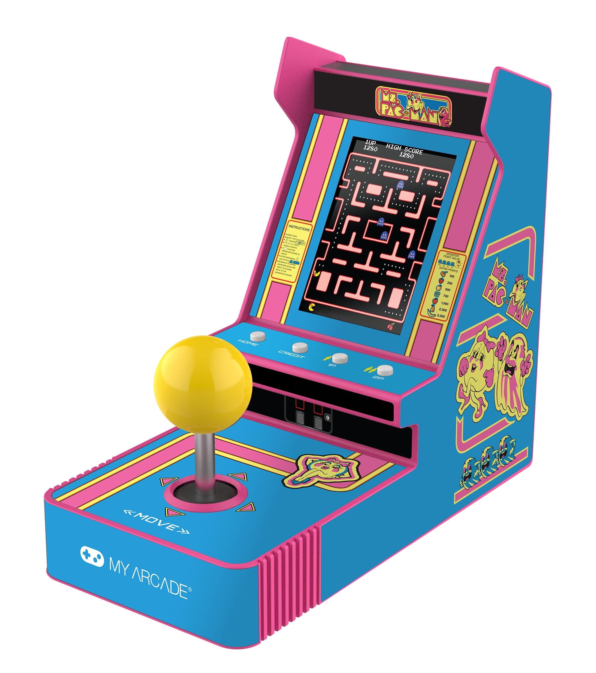 Ms. Pac-Man Joystick Player: Arcade Classics, Retro Games, Mini Video Game Console, 2 Game Modes, Birthday Gifts