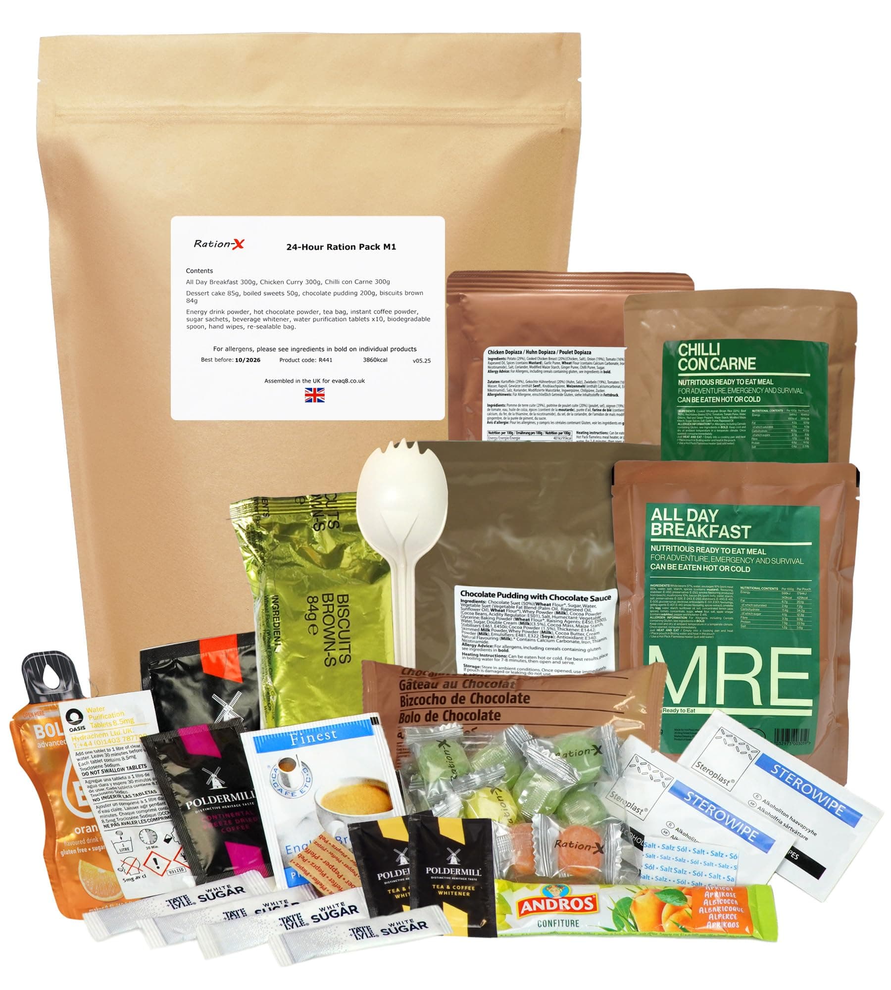 Ration-X 24 Hour Ration Pack Ambient Army Type Menu 1 4000kcal Three Main Meal Pouches +++