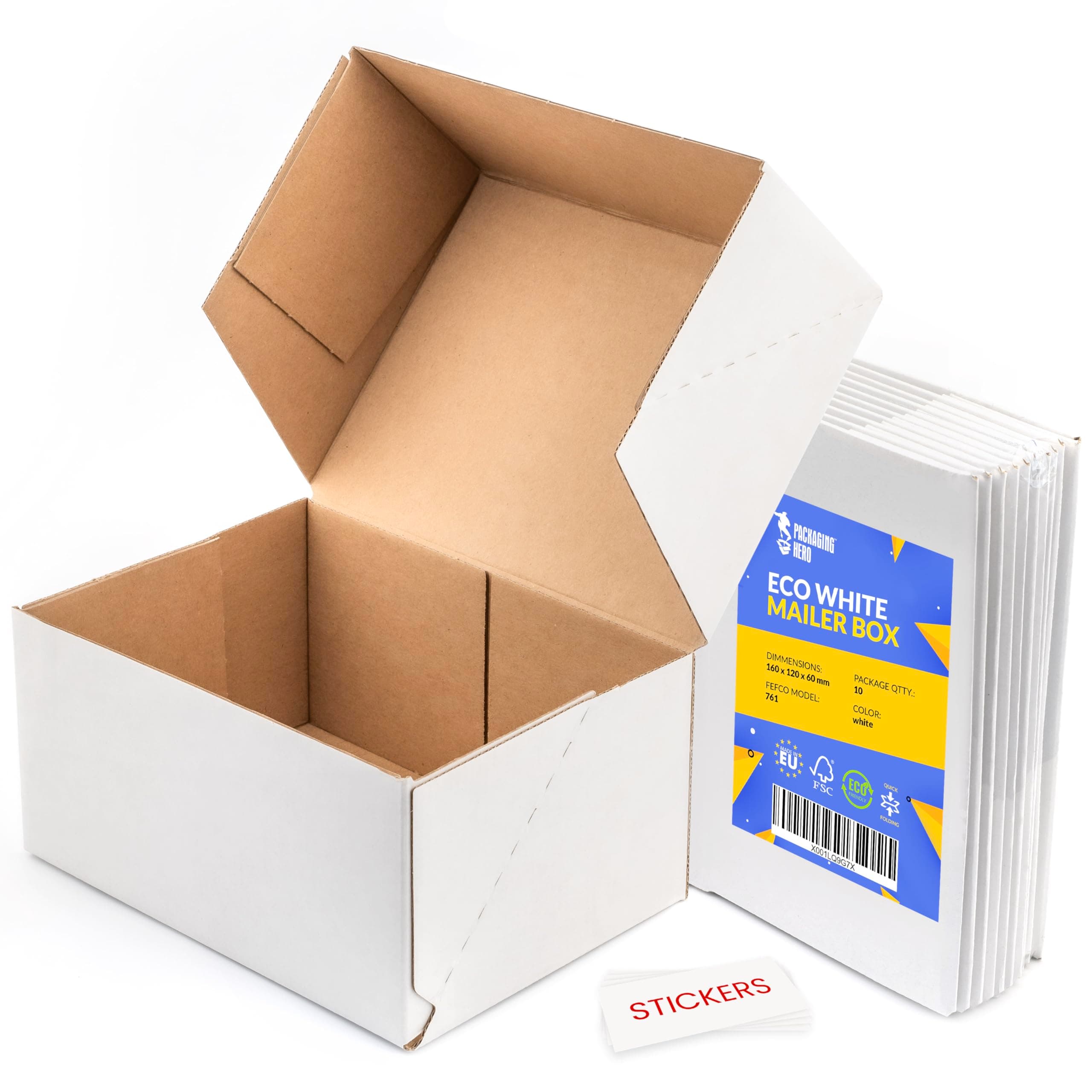 16 x 12 X 6 cm (aprox. 6.3" x 4.7" x 2.35") White Corrugated Cardboard Mailing Boxes, gift boxes, e-commerce box with free clear round stickers (10 pack)