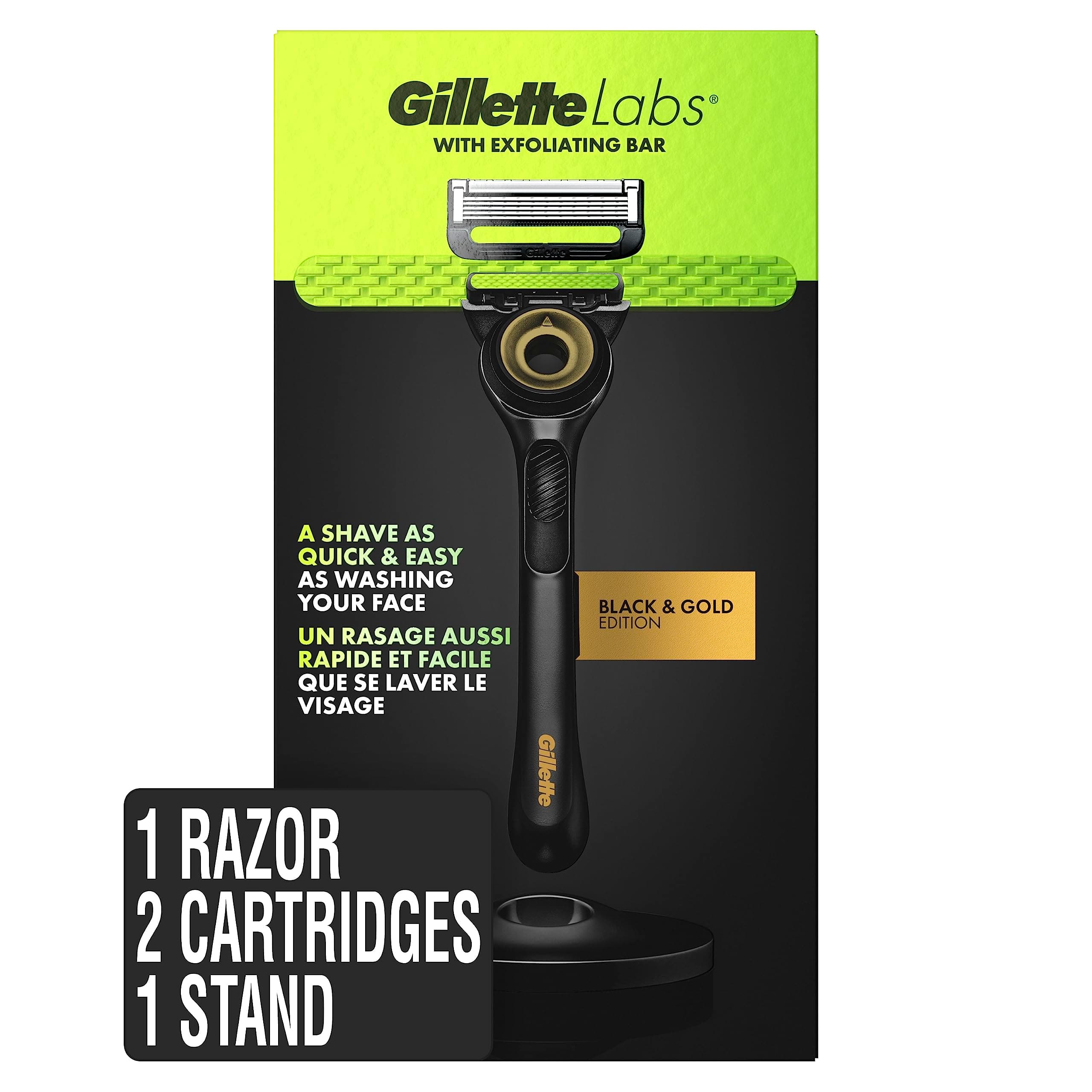 Gillette Labs Men's Razor with Exfoliating Bar, Shaving Kit Includes 1 Handle, 2 Blade Refills, 1 Premium Magnetic Stand, Black and Gold