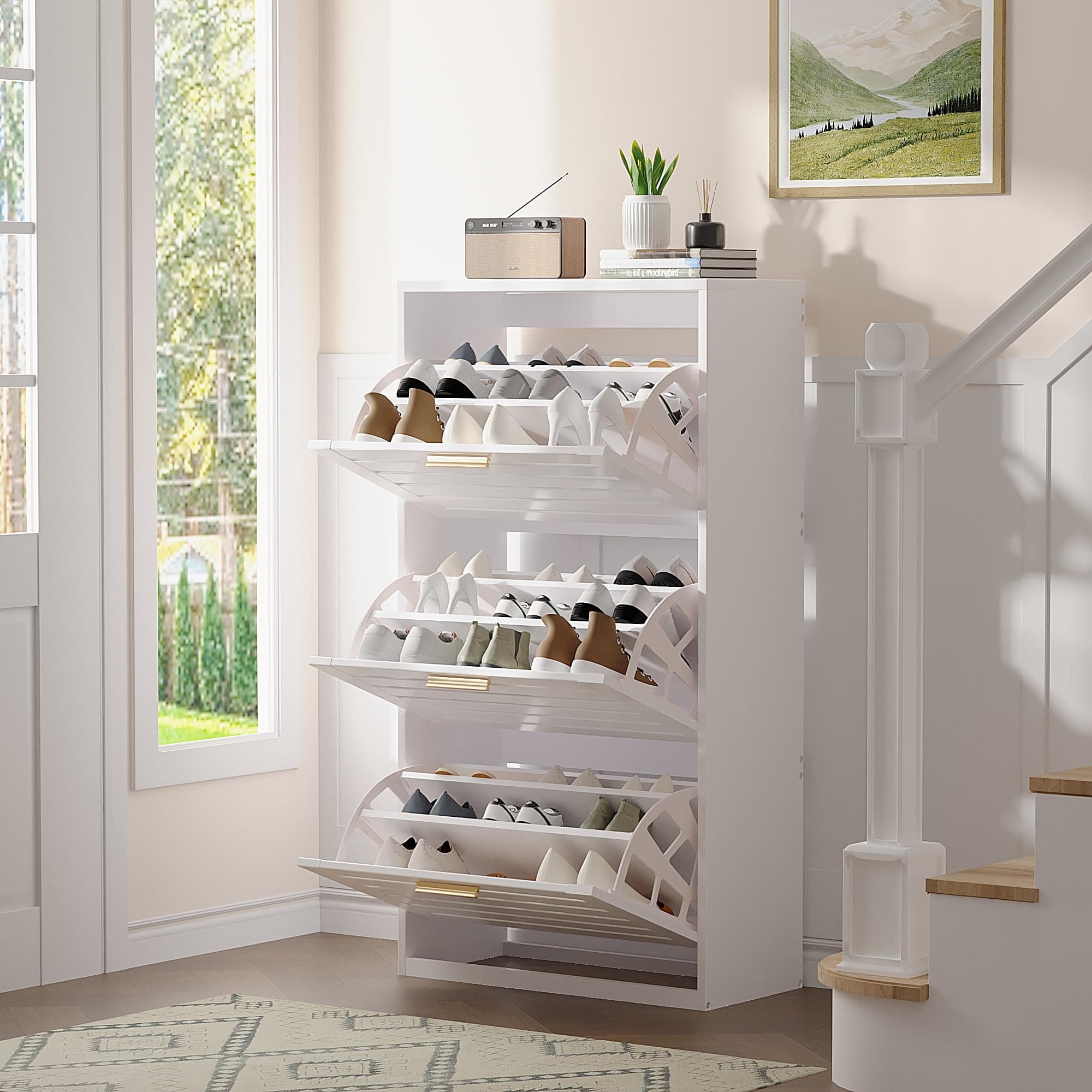 VECELO Shoe Cabinet Storage for Entryway with 3 Flip Drawers Slim Hidden Free Standing Organizer for Narrow Hallway, Bedroom, Living Room, Large Capacity, Modern, White, 3-Shelf