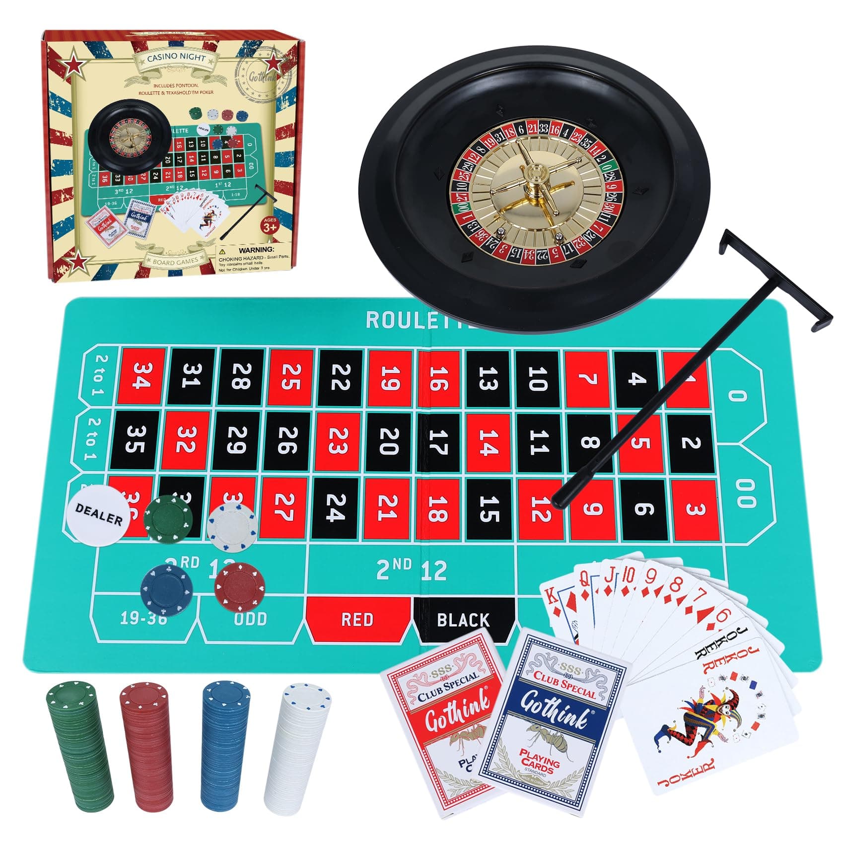 GOTHINK Roulette Wheel Game Set, Includes 10-inch Gambling Wheel, 200 Chips, Rake, 2Balls and Texas Hold’em Poker, Perfect for Parties and Holidays, Get for a Fun Casino Night!