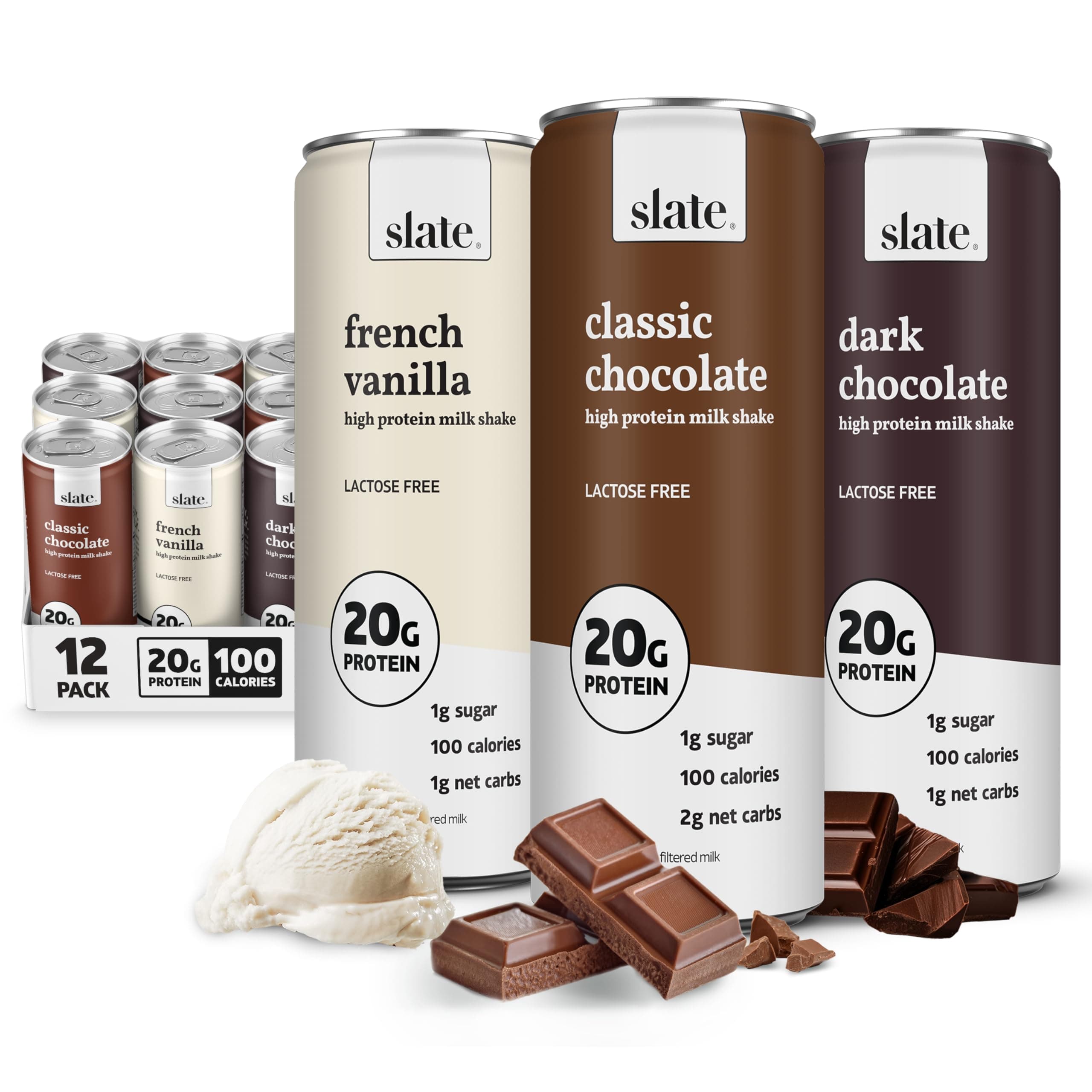 Slate Milk - High Protein Shake, Core Variety Pack, Classic Chocolate, Dark Chocolate, French Vanilla, 20g Protein, 0g Added Sugar, Lactose Free, Keto, All Natural (11 oz, 12-Pack)