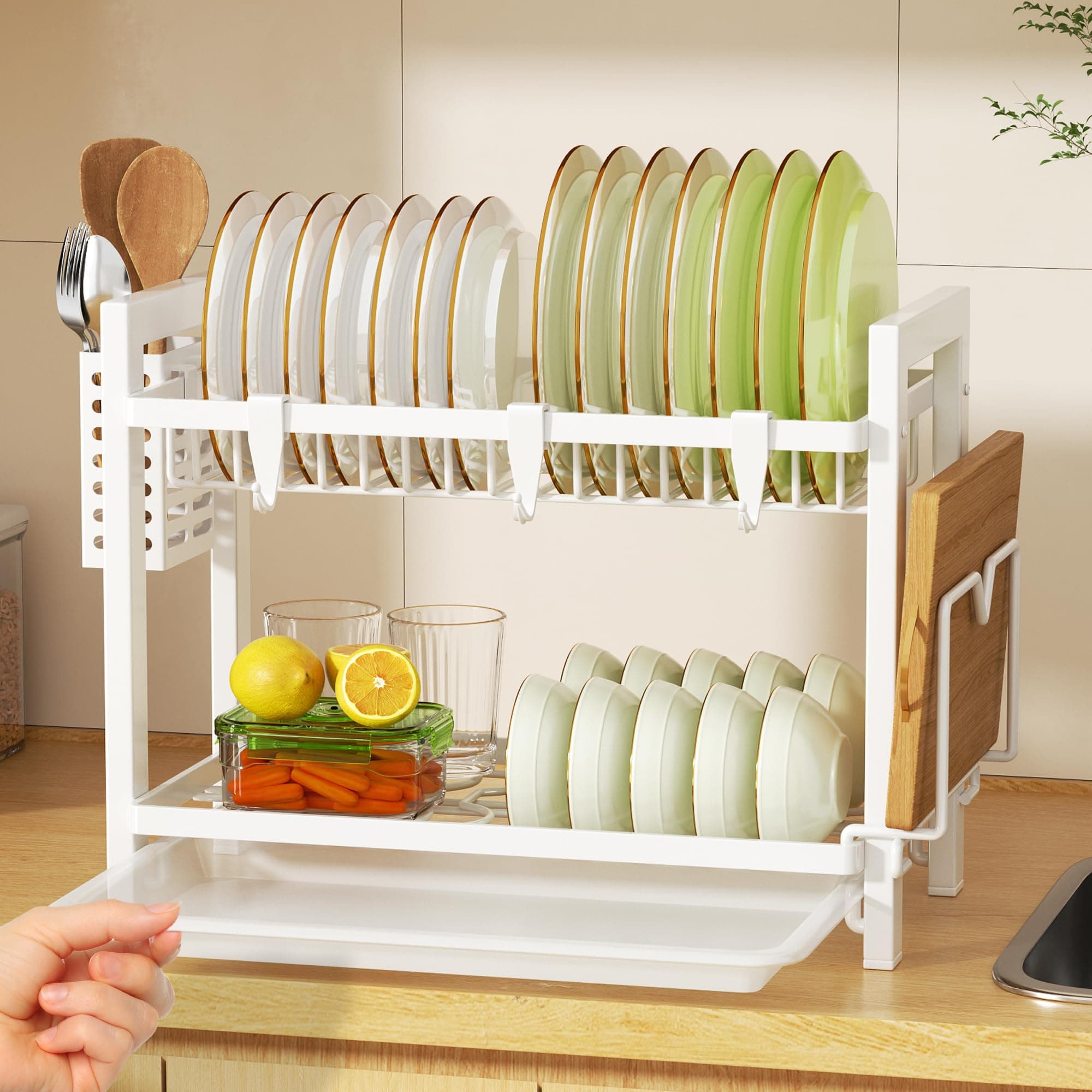 – niffgaff 2 Tier White Dish Drainer Rack with Drip Tray (52 * 24.5 * 34.5), Dish Drying Rack Kitchen with Utensil Cutting & Board Holder for Kitchen Counter