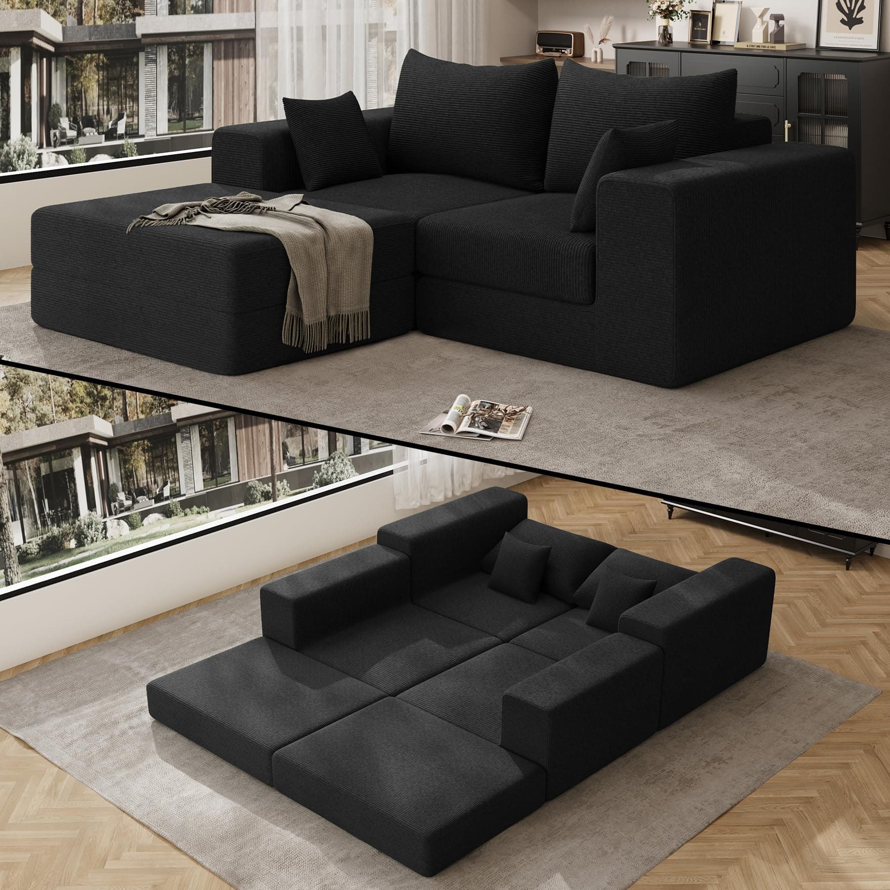 80" Convertible Sleeper Sofa Bed with Soft Pillow, Corduroy Folding Mattress Couch with L-Shape Chaise, Modular Floor Sofa Lounge Couch for Living Room Bedroom Lounge (Black)