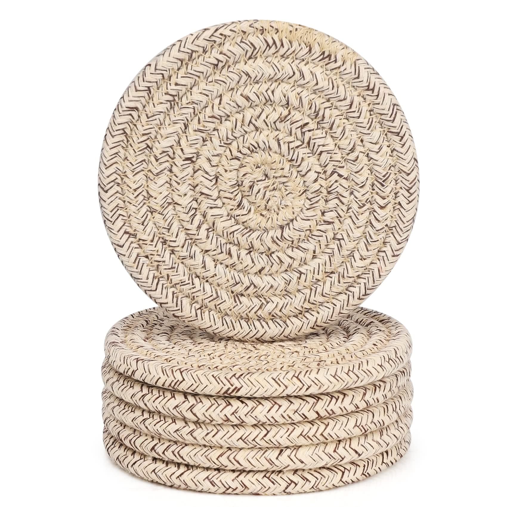 6 Pcs Coasters for Drinks,Super Absorbent Drink Coasters, Stylish Handmade Round Woven Coaster for Coffee Table Tabletop Protection Housewarming Gift for Home Decor - 4.3 Inches, Mixed Brown