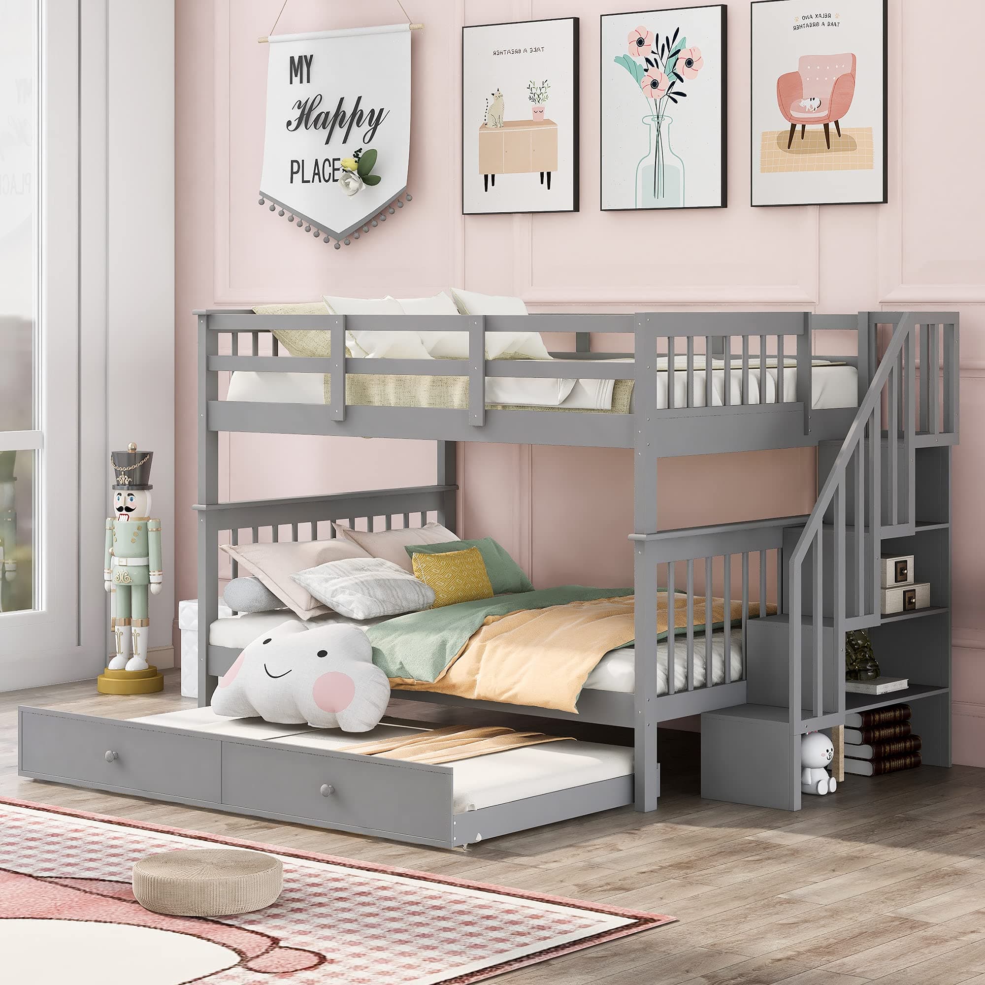 Harper & Bright Designs Full Over Full Bunk Bed with Stairs and Trundle, Wooden Bunk Bed Frame with Storage, for Kids Teens Adults - Gray