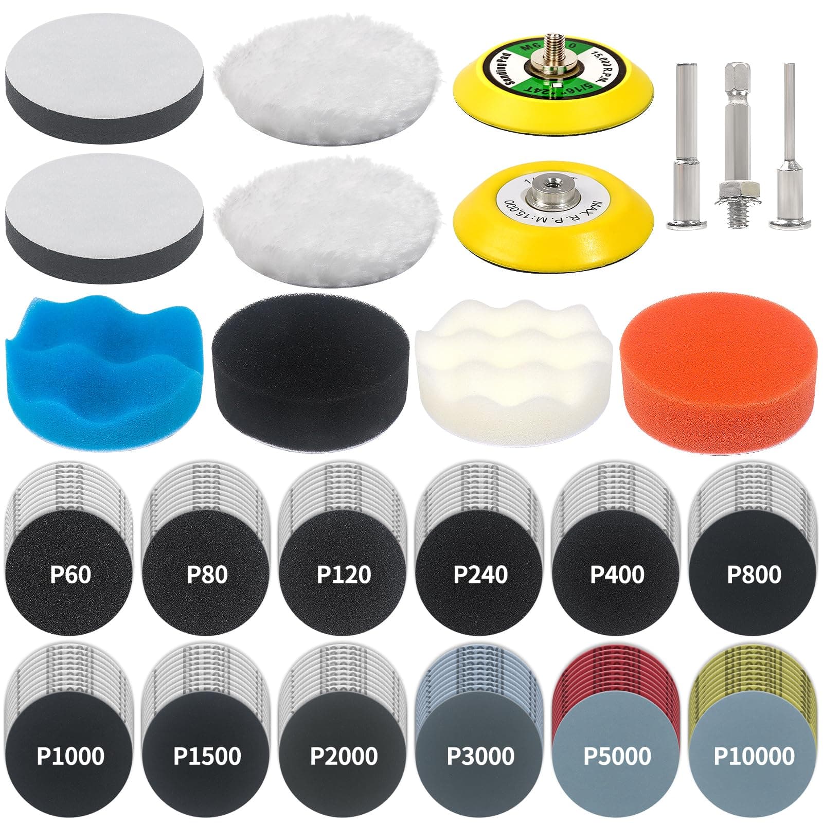 133 PCS Sanding Disc Drill Polishing Kit Sanding Attachment, 3 Inch Wet Dry Headlight Restoration Kit, Hook and Loop Sandpaper Buffing Pads with Rotary Tools for Car Wood Metal Glass Resin Expoxy