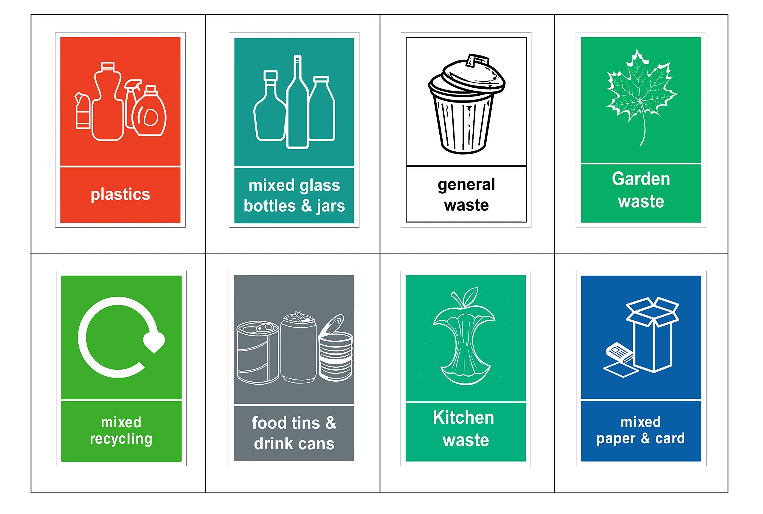 Mixed Pack of 8 Multi Recycling Bin Sticker - Bin Labels Food Plastics Mixed Paper & Card Mixed Glass General Waste Kitchen Waste Garden waste 8 decals (A6 - 150mm x 100mm) V1083 Sara Prints