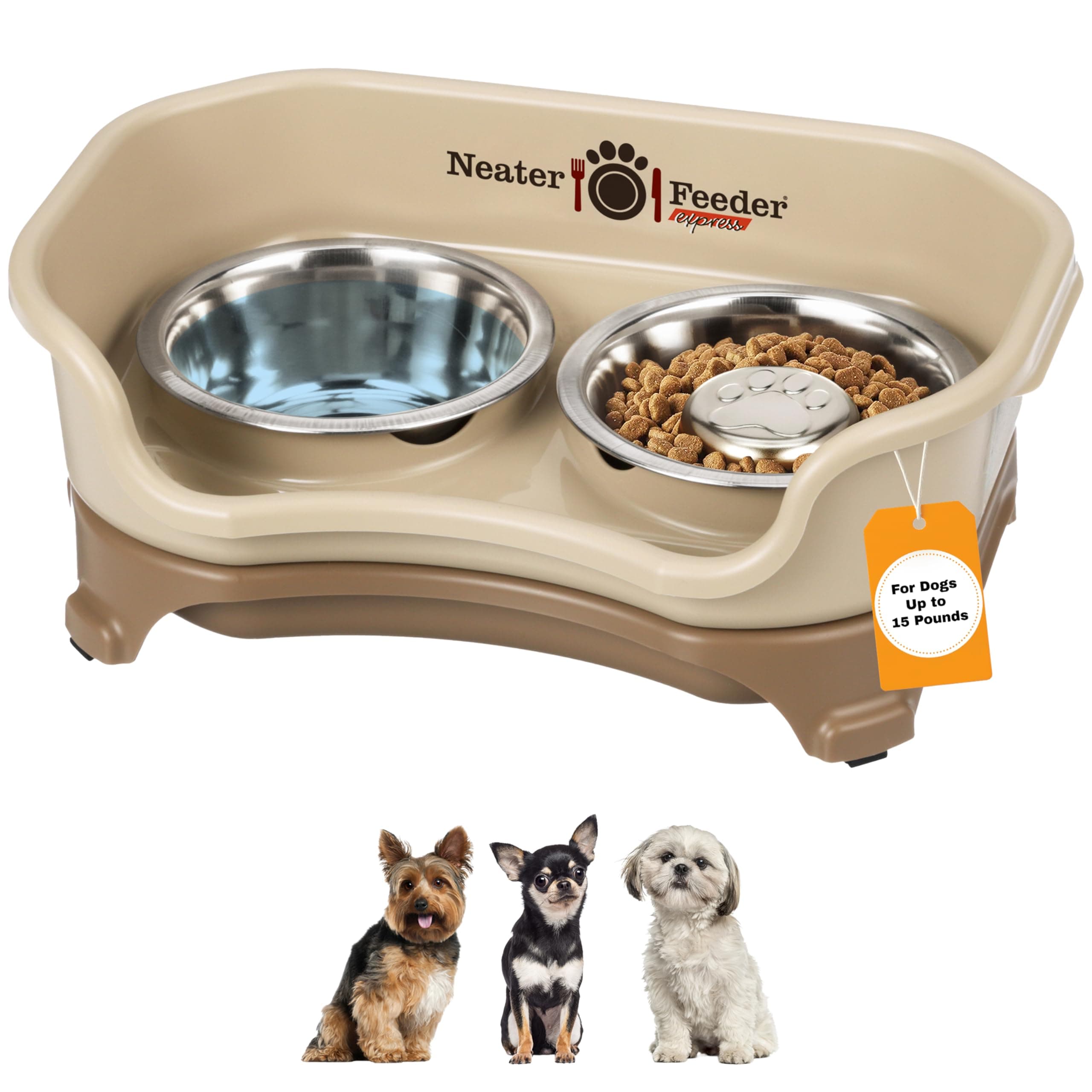 Neater Feeder Express Mess Proof Dog Bowls Elevated for Small Breeds Under 15 Lb, Made in USA, No Spill Raised Dog Food Bowl Stand, Stainless Steel Slow Feed and Standard Water Bowl Set, Cappuccino