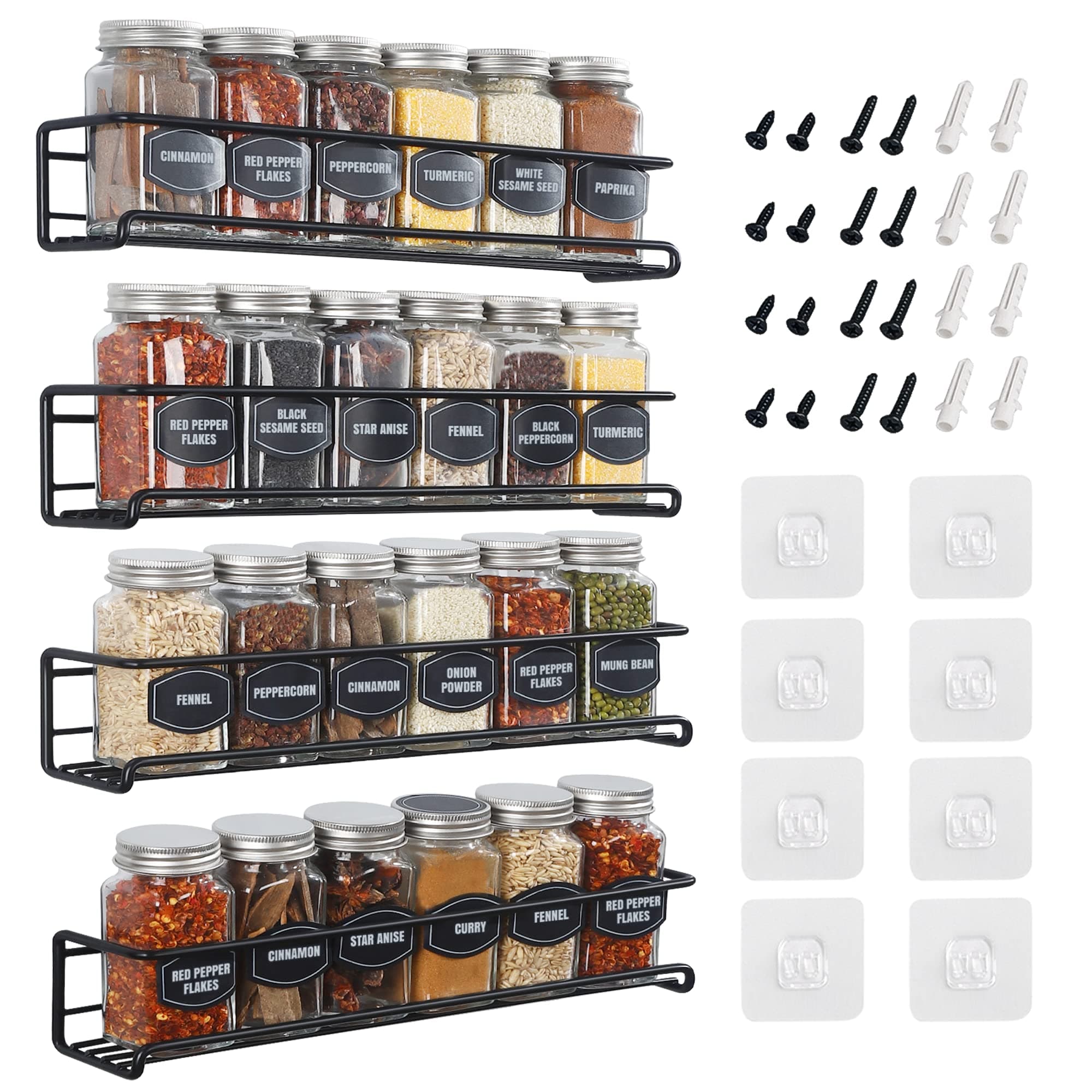 Spice Rack Wall Mounted 4 Tier – Space-Saving Kitchen Spice Organizer for Seasonings – Screw or Adhesive Hanging – Wall Mount Hanging Spice Rack for Wall, Cabinet, Pantry Door 2.5x 2.5x11.5 in