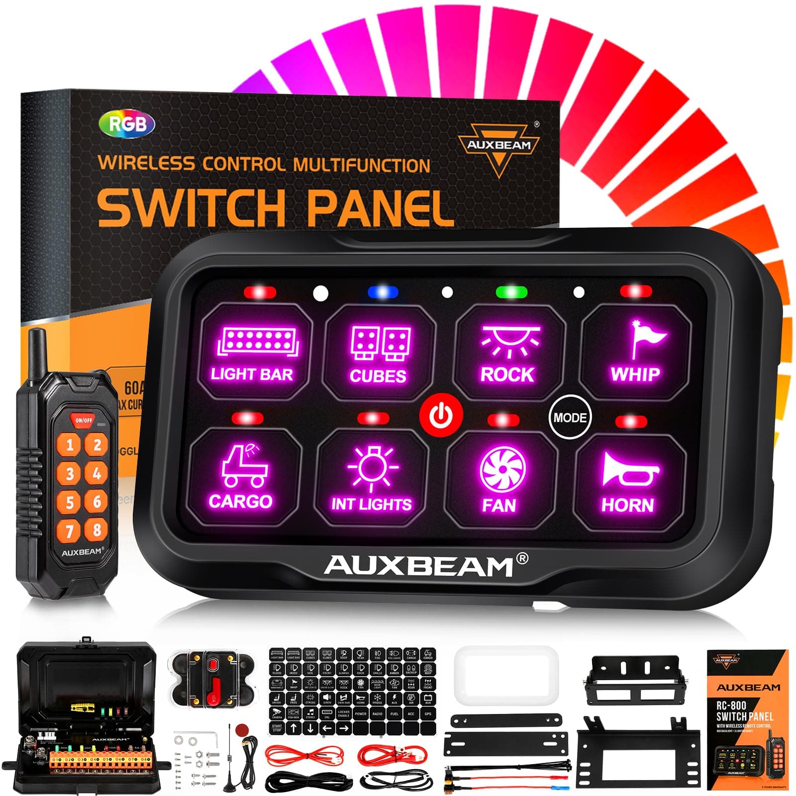 8 Gang Switch Panel RC-800 RGB Wireless Remote Control Range Up to 165FT Multifunction Switch Pod 3 lighting modes with Backlit Off and Auto Dimmable for RV Offroad Waterproof 3 Years Warranty