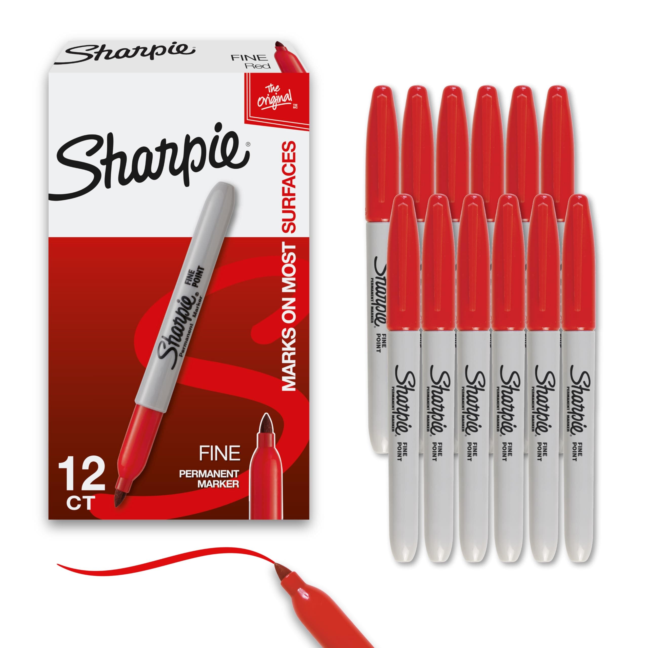 Sharpie Permanent Markers, Fine Point, Red, 12 Count