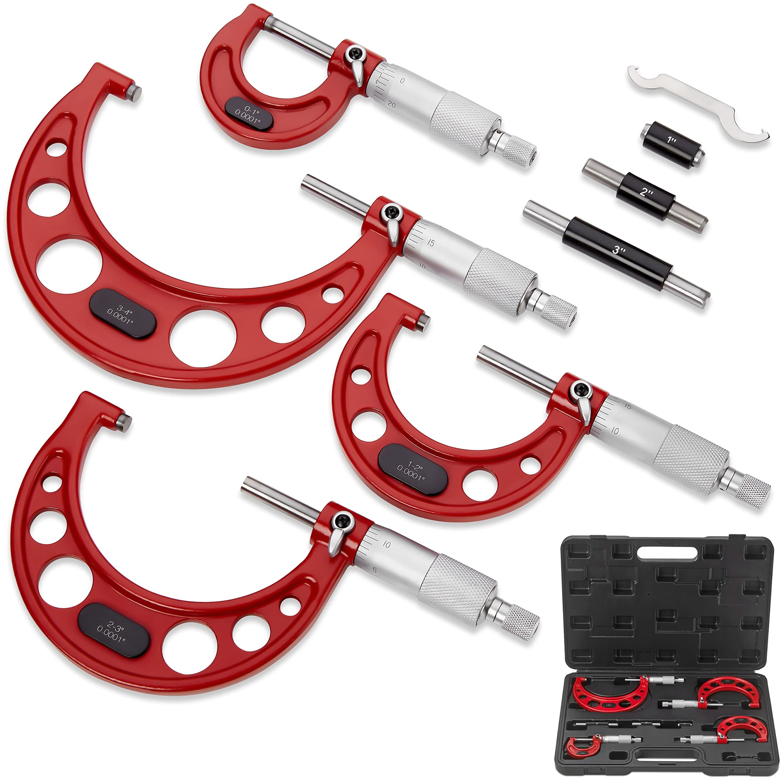 Premium Outside Micrometer Set 0-4" / 0.0001" (0-1"/1-2"/2-3"/3-4") Precision Machinist Tools w/Carbide Tips, Standards, Ratchet Stop and Hard Carry Case