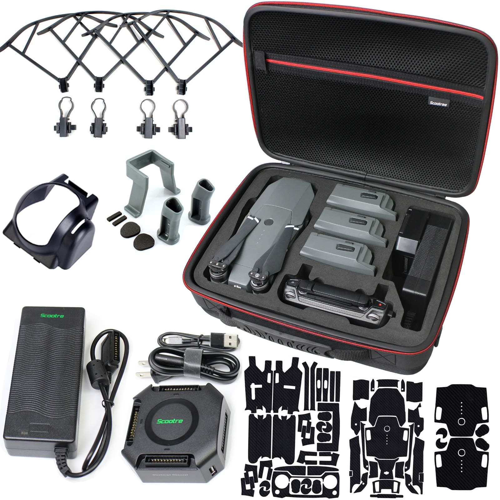 Scootree Mavic Pro Carrying Case Bundle with 80W Rapid Charger, Battery Charging Hub, Propeller Guards, Landing Gear Extension, Lens Hood & More Compatible w/DJI Mavic Pro, Platinum, Fly More Combo