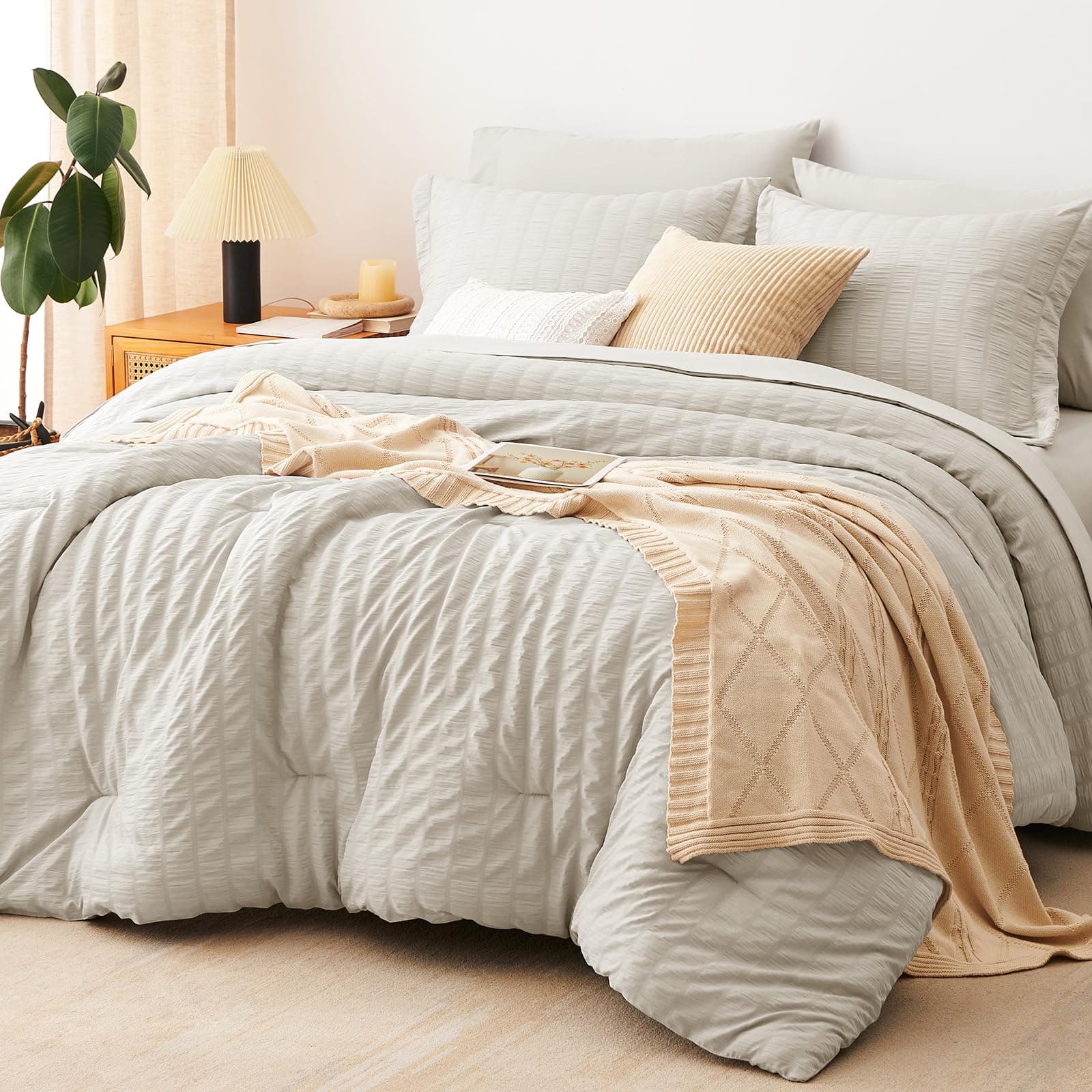 CozyLux Full Size Comforter Sets with Sheets Seersucker 7 Pieces Beige Bed in a Bag Textured Luxury Soft Bedding Set with Down Alternative Comforter, Sheets, Pillowcases & Shams for All Seasons
