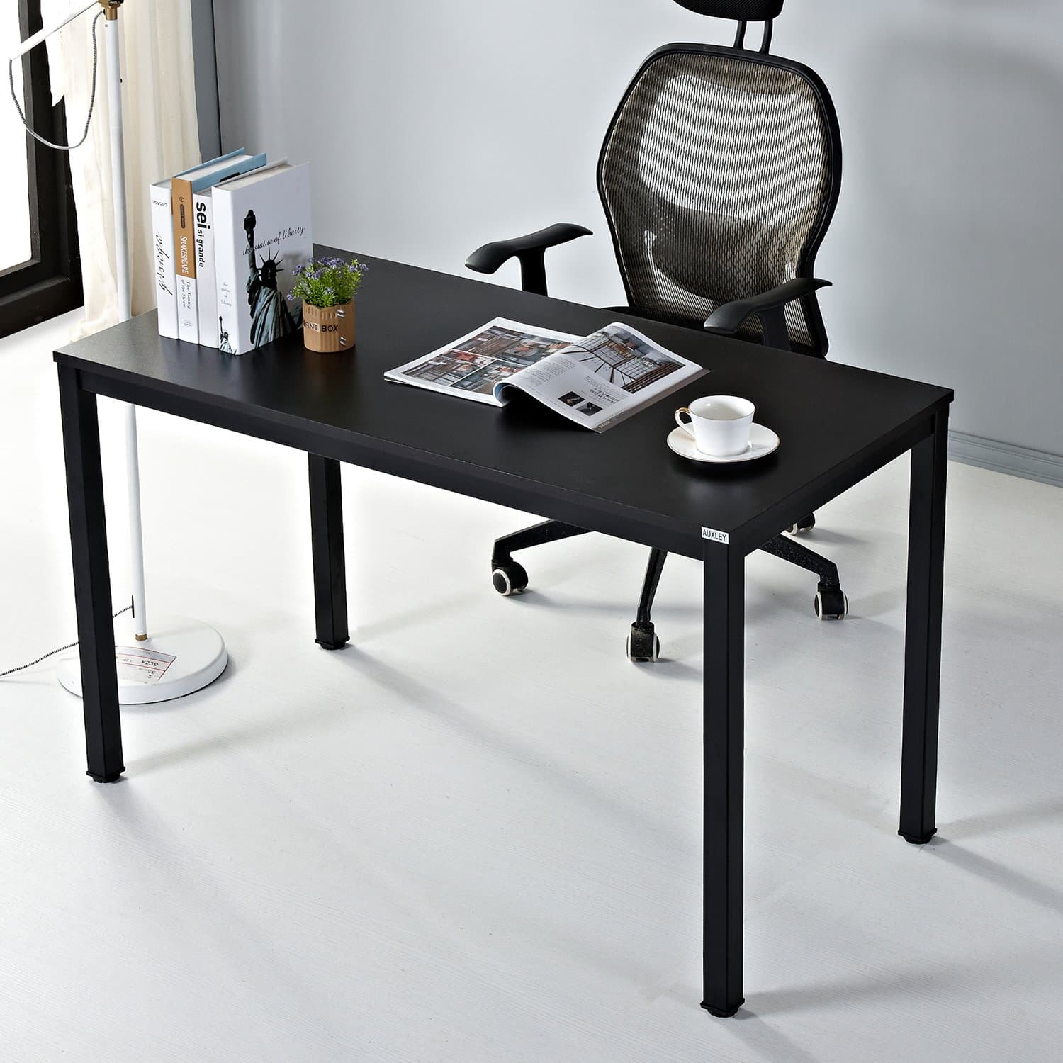 AUXLEY Computer 47 Inch Modern Simple Writing Desk for Home Double Deck Wood and Metal Office Table, Black