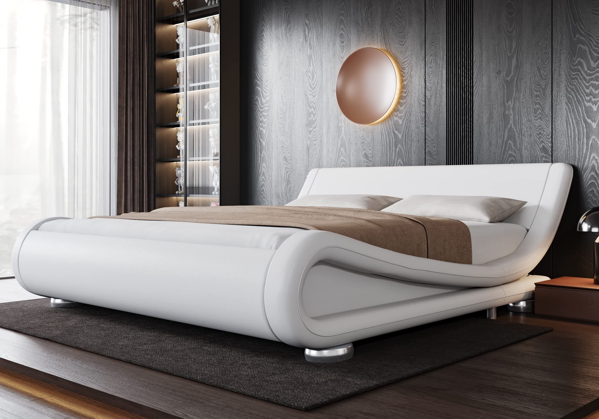 Queen Size Upholstered Platform Bed Frame with Ergonomic & Adjustable Headboard, Modern Low Profile Sleigh Design - Easy Assembly, No Box Spring Needed, White