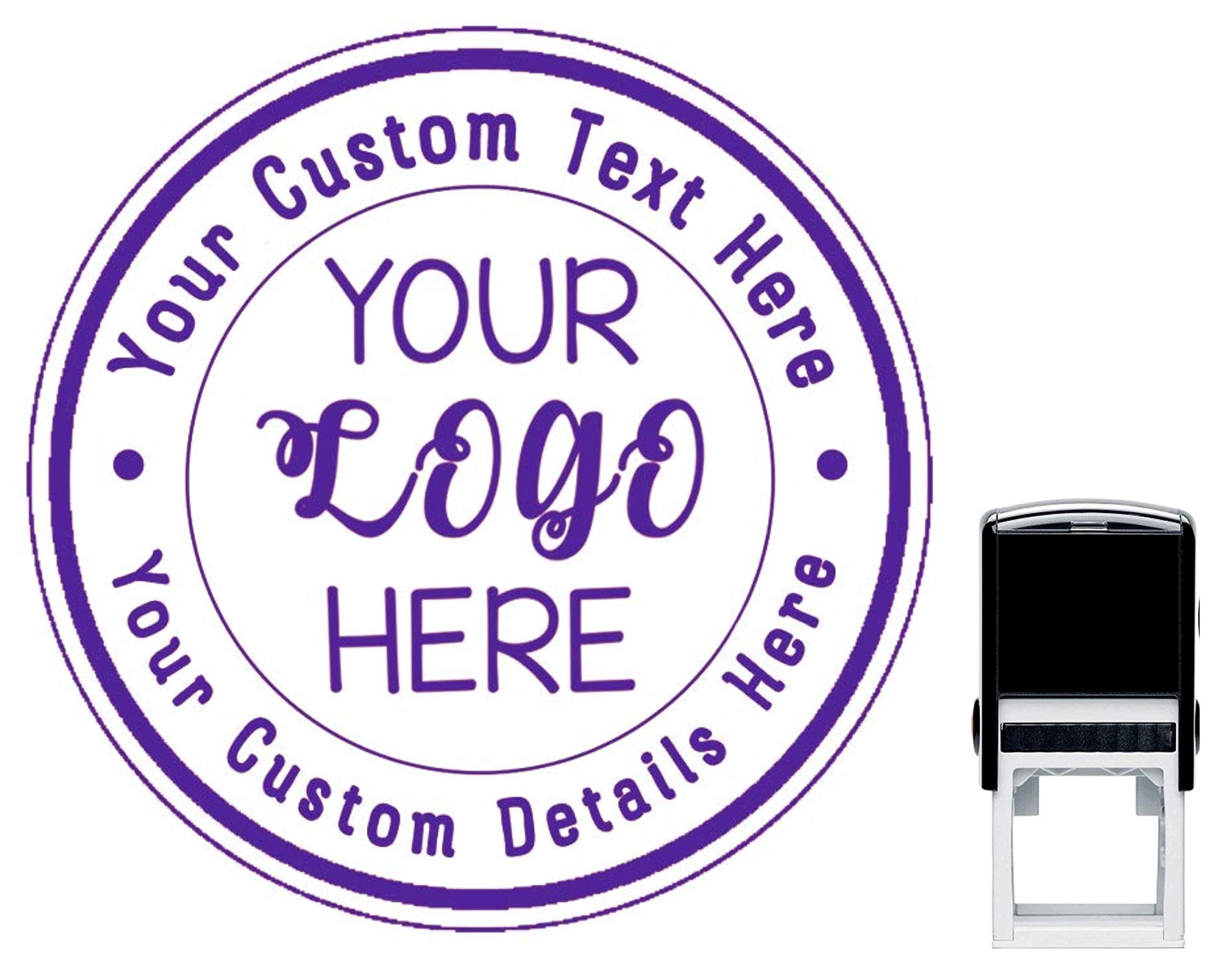Custom Business Logo Double Round Border Stamp - 3 Lines of Text - Self Inking Stamper - Rubber Personalized Stamp - Stamps for Local Business - Personalized Business Stamps (Purple)