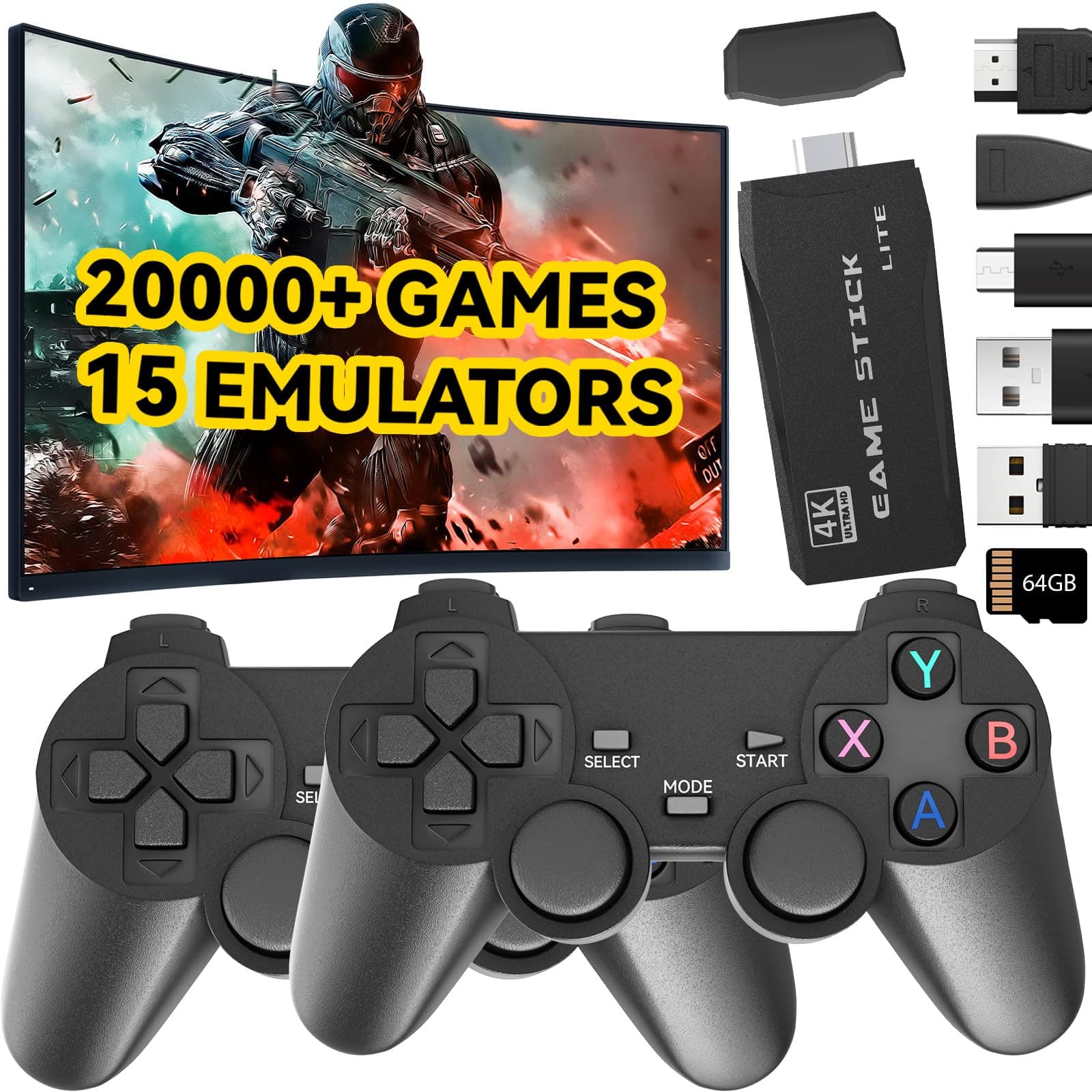 Retro Gaming Console, Wireless Game Stick Plug and Play Video Games Console with 20,000+ Games Handheld Game Console Built in 15 Emulators Game Console Support 2 Player & TV HDMI (64G)