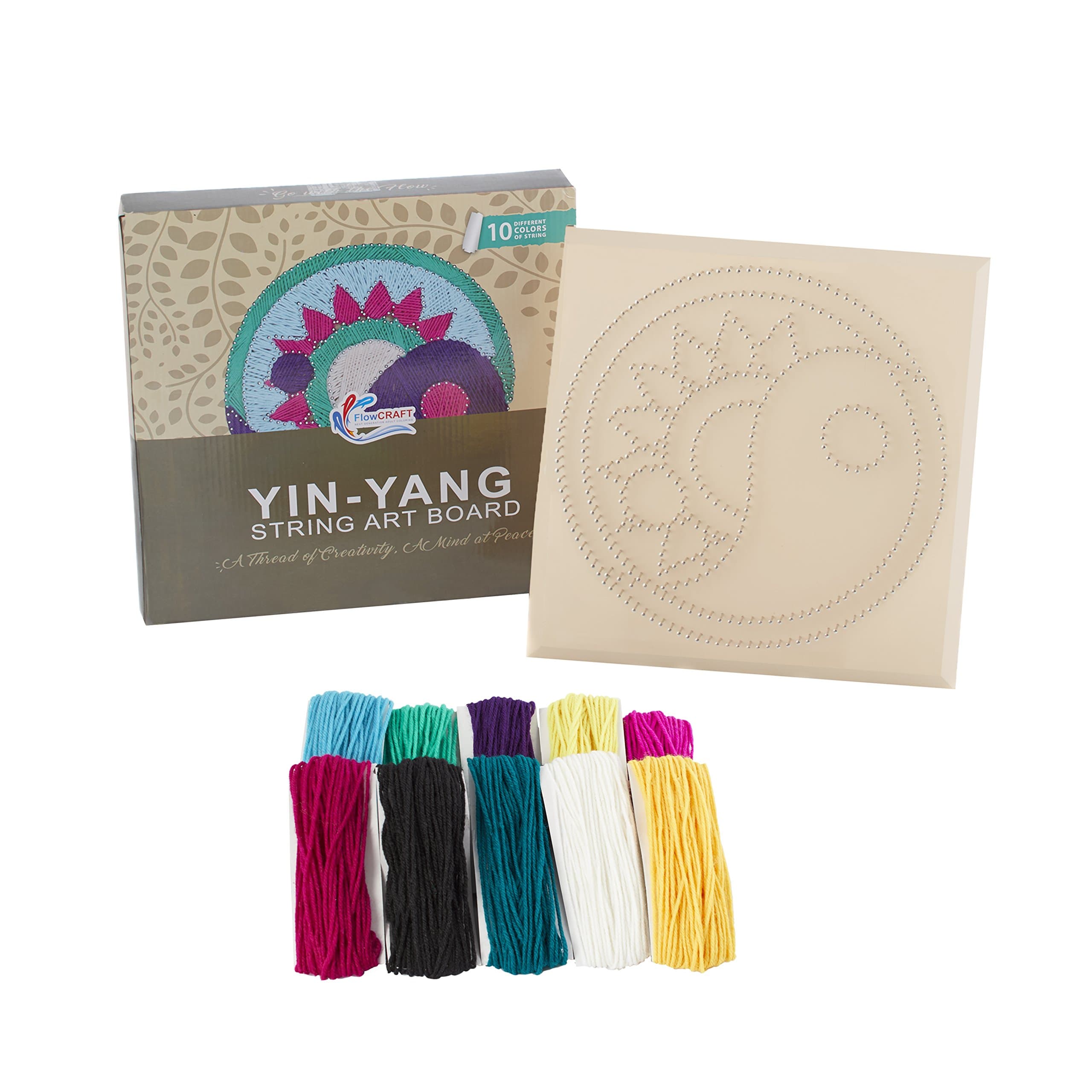 String Art Craft Kit – Unique Gift for Kids or Adults – Pre-Nailed 12”x12”x5/8” Wooden Base with Semi-Gloss Finish – Awakened Strength Yin Yang