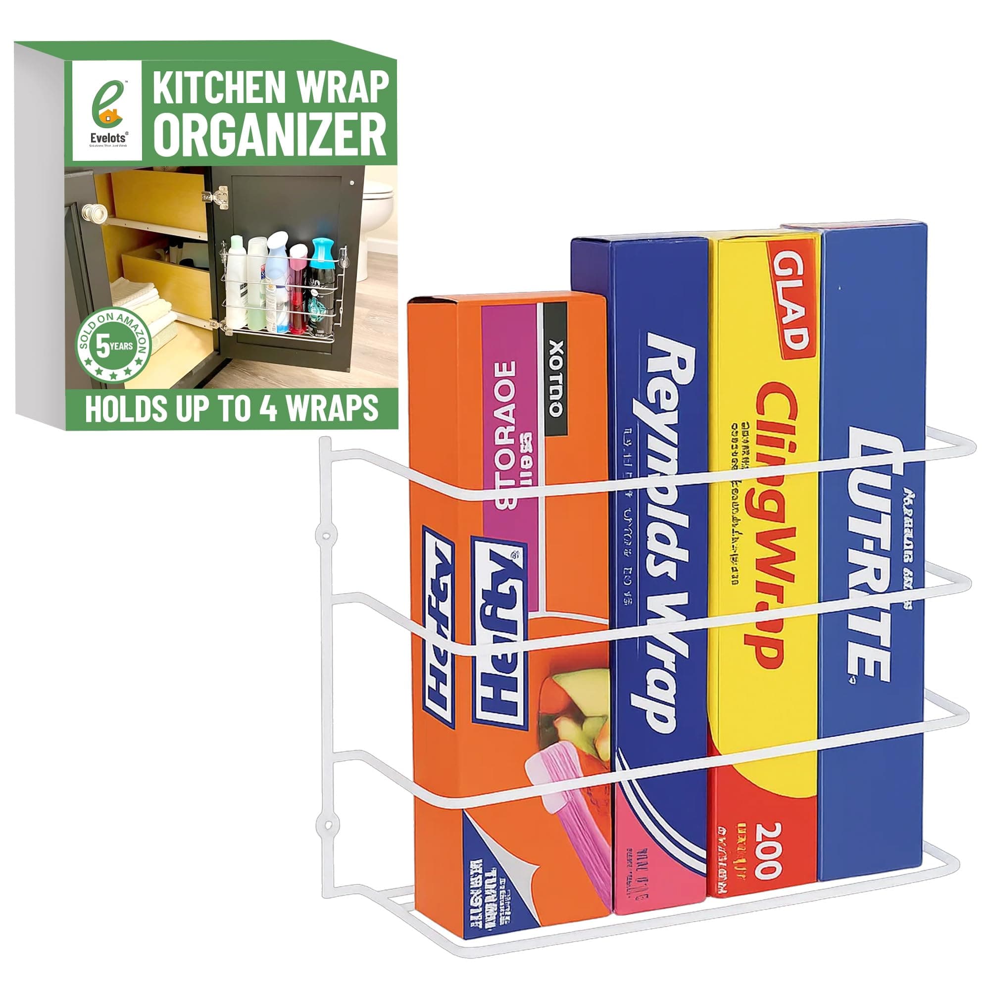 Evelots Kitchen Wrap Organizer - Hold up to 4 Plastic, Foil, Paper, Wax - Cabinet Door, Wall Rack Basket - Sandwich, Freezer, Food Bag Storage - Laundry Supplies - Plastic Coated Metal