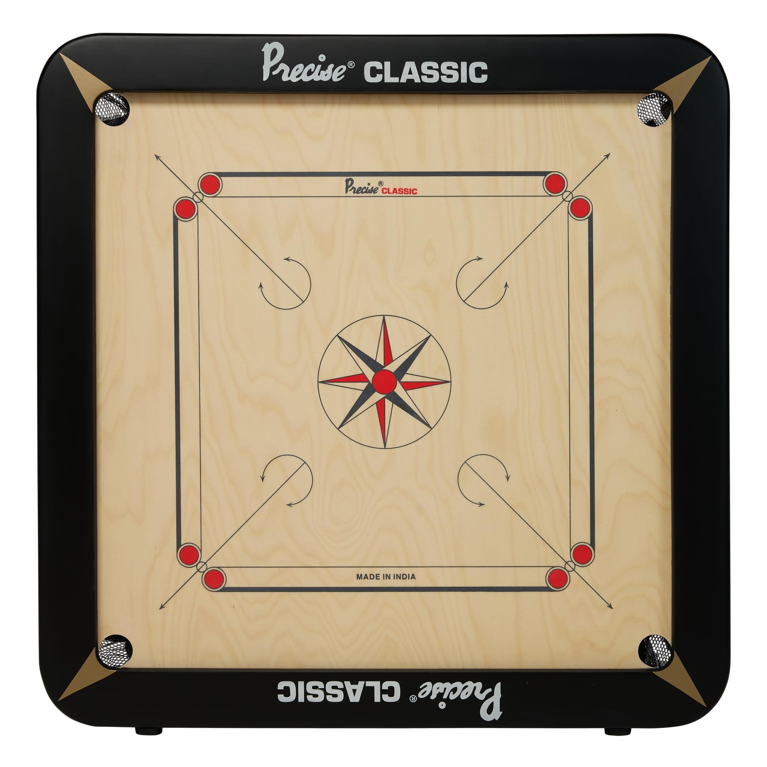Precise Classic 24mm Carrom Board with Coins, Striker, and Powder, Black, 1-4 Players, Ages 13 and Up