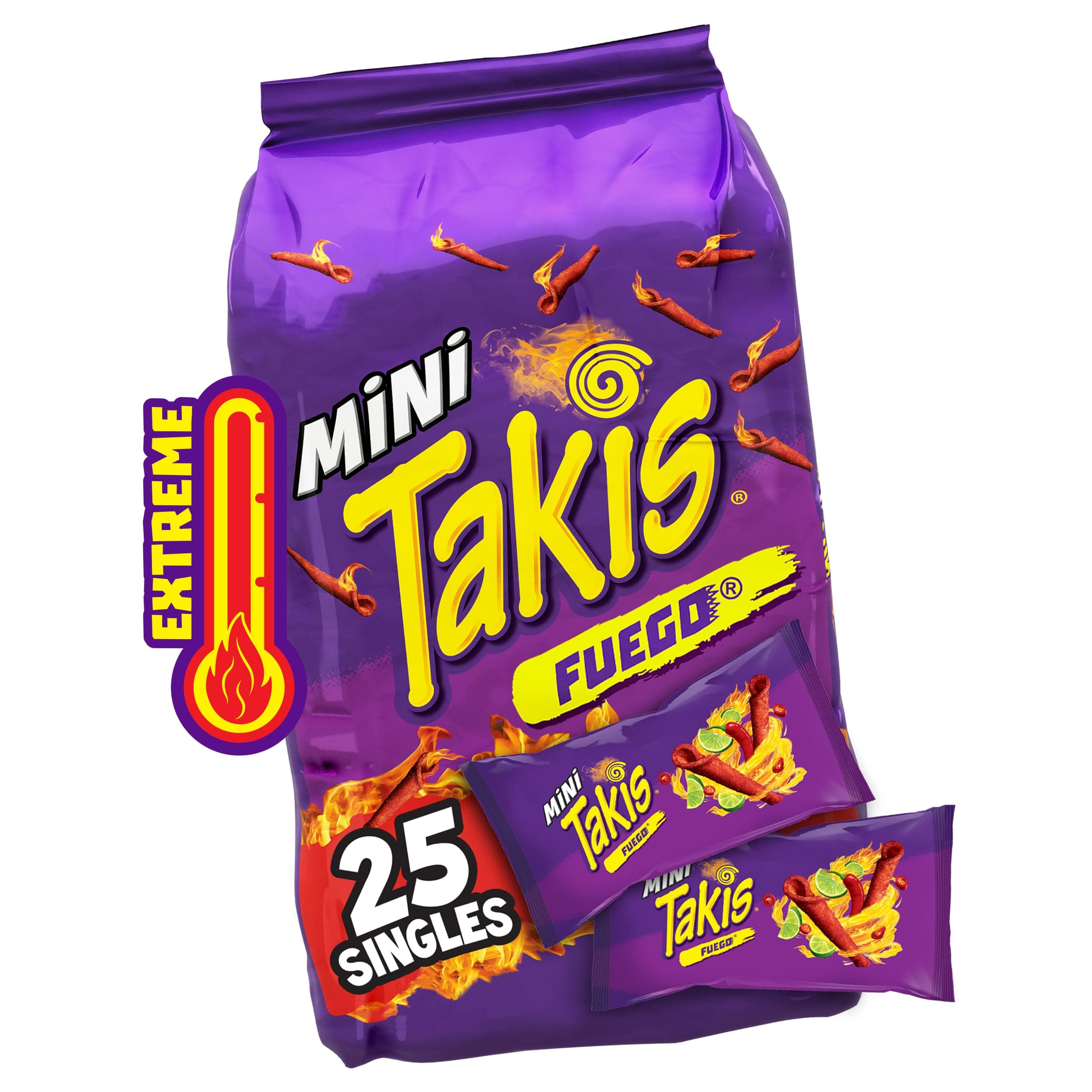 Takis Fuego Mini 25 pc / 1.23 oz Bite Size Multipack, Hot Chili Pepper & Lime Flavored Extreme Spicy Rolled Tortilla Chips (Pack of 2)