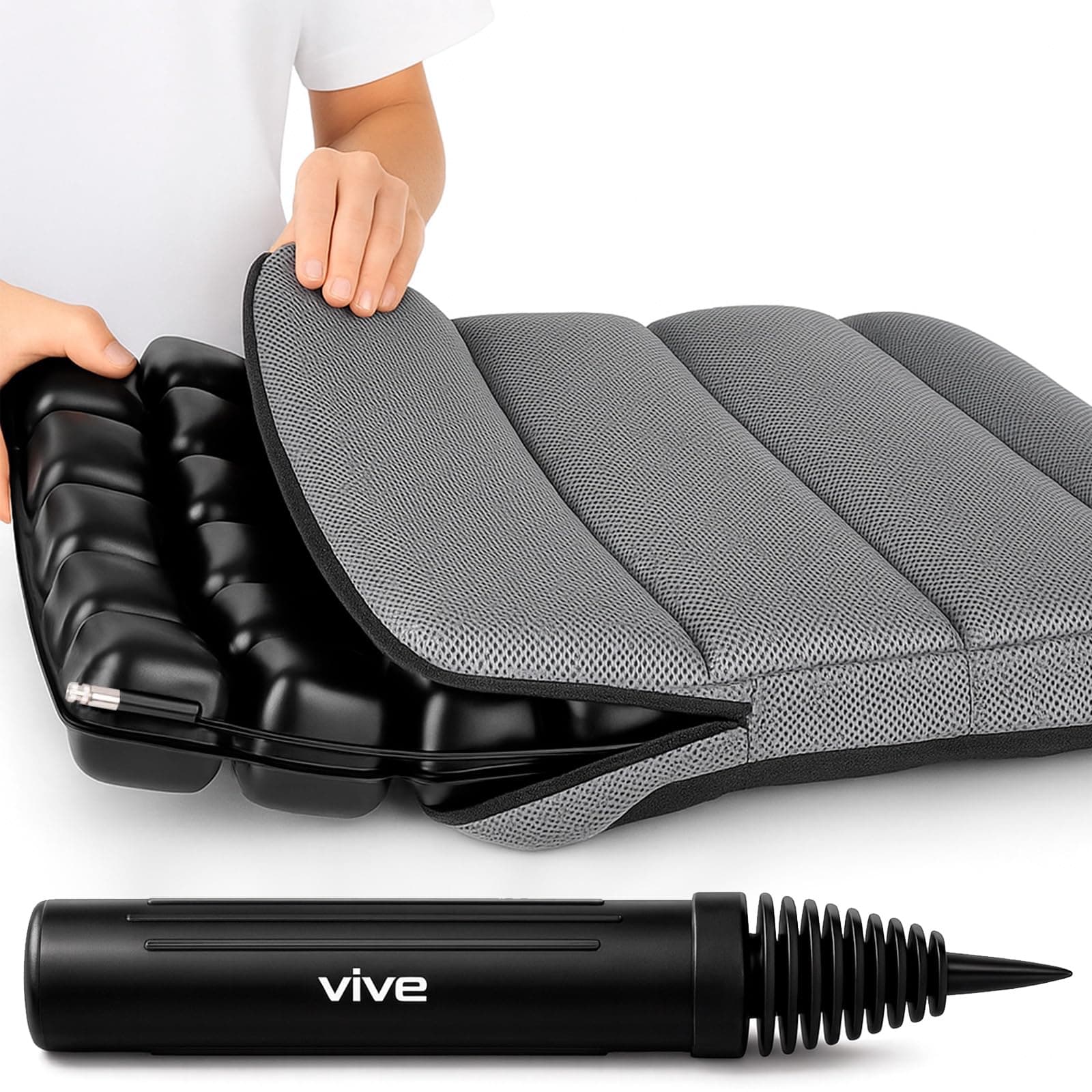 Vive Air Seat Cushion - Pressure Relief Back Support Pad for Tailbone, Sciatica, Coccyx Pain - Orthopedic Seating for Car, Office Chair, Wheelchair, Travel - Portable and Inflatable - Soft or Firm