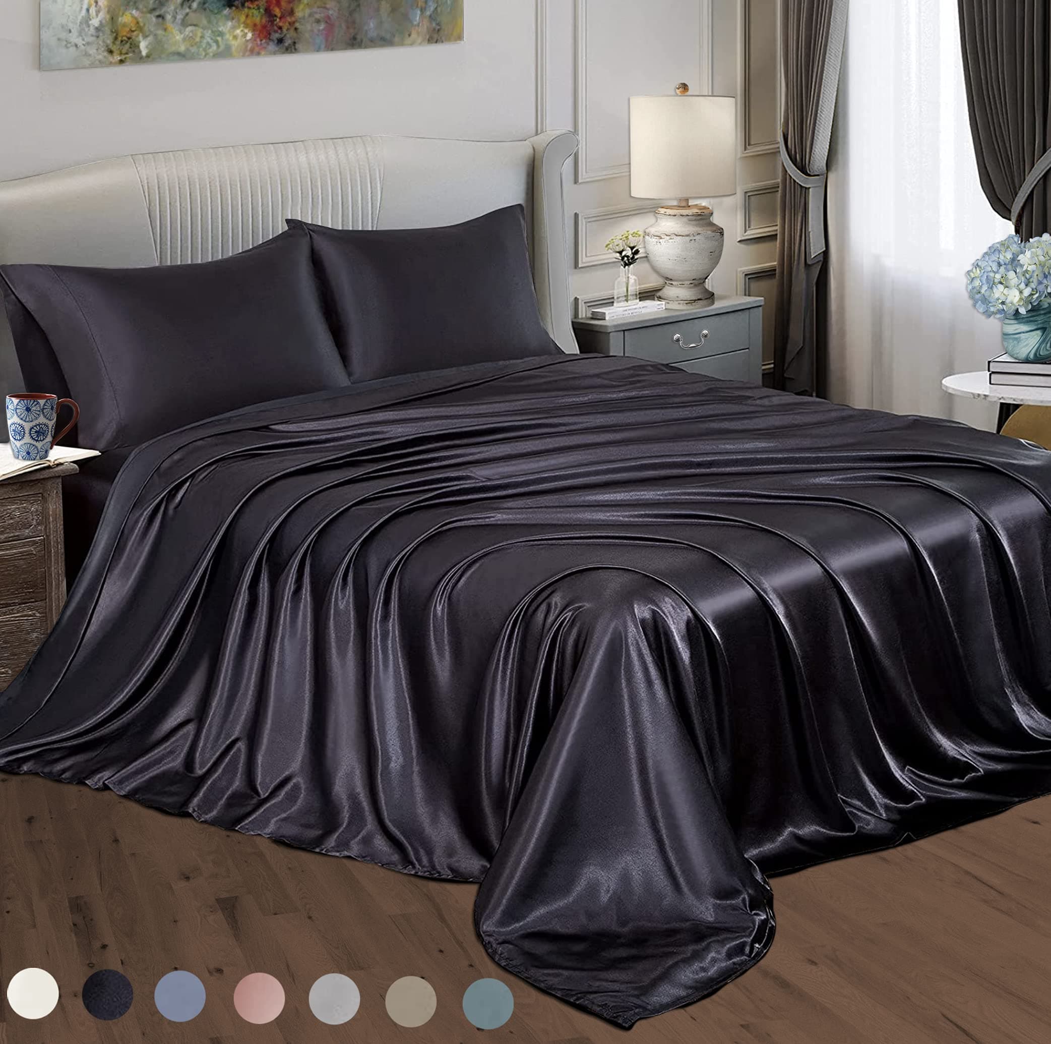 Satin Radiance Soft Satin Silk Sheets Solid Color Deep Pocket Queen Size Satin Bed Sheet Set Cooling And Soft Fitted Satin Bedding + Satin Pillowcase(s) Durable, Breathable, Black, 4-piece