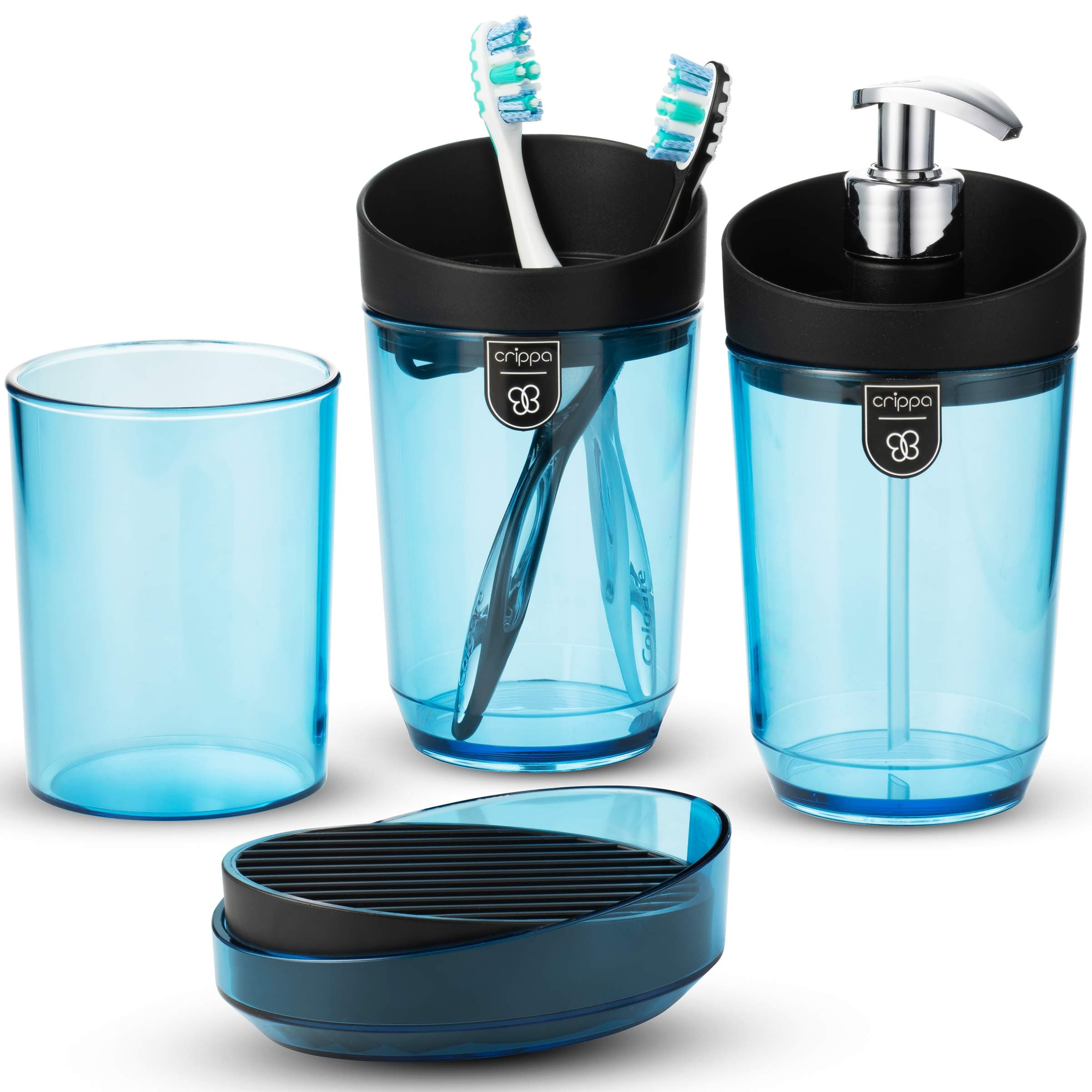 Crippa 4-Piece Turquoise Bathroom Accessories | Bathroom Accessory Set Essentials | Includes Pump Bottle Dispenser, Toothbrush Holder, Tumbler, and Soap Dish | Decorative Bathroom Soap Dispenser Set