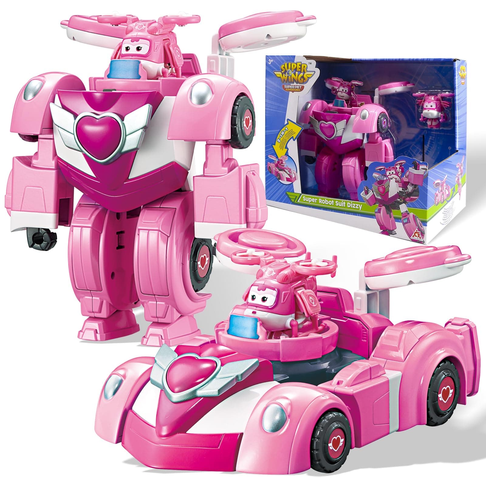 Super Wings Transformable Toys, 7" Super Robot and 2" Mini Dizzy Transforming Suit, 2 in 1 Racing Car-Robot Action Figure for Boys and Girls Age 3+, Gifts for Preschool Kids, Pink