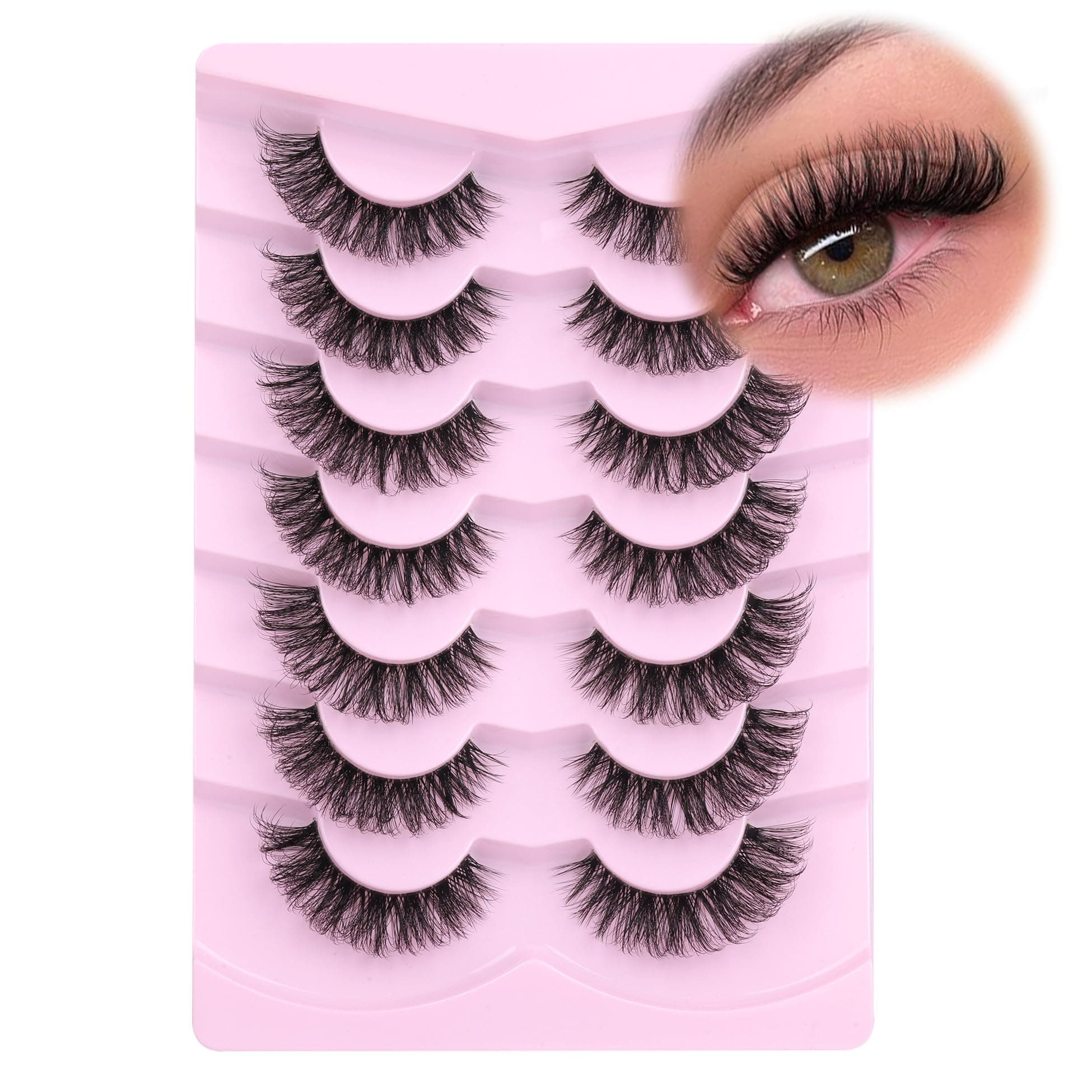 Mavphnee Natural Look Wispy D Curl False Eyelashes Cat Eye Fake Lashes Strips 7 Pairs Clear Band Fluffy False Lashes Pack