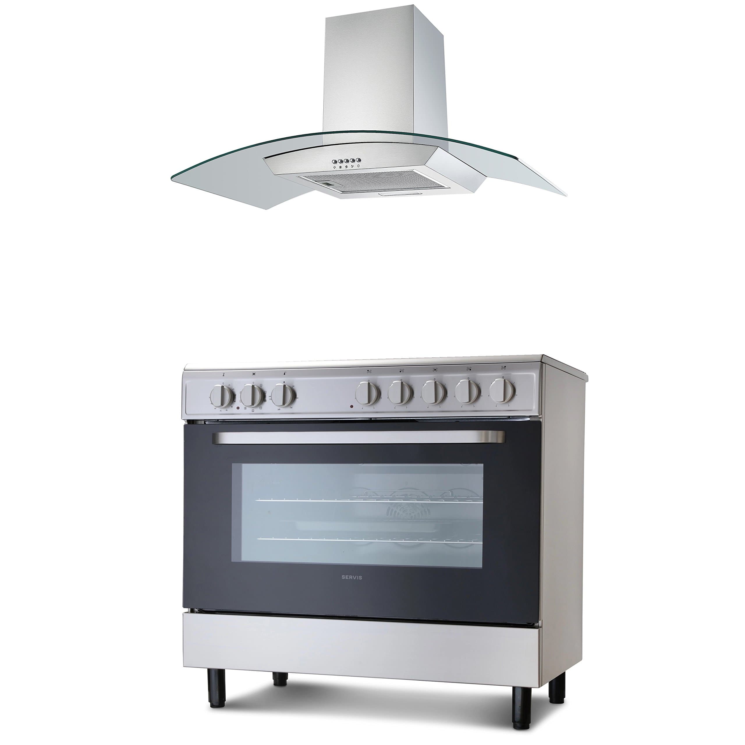 Range Cooker & Extractor Fan Package | Servis SC900 X 90cm Electric Range Cooker in Stainless Steel & Curved Glass Chimney Cooker Hood Pack
