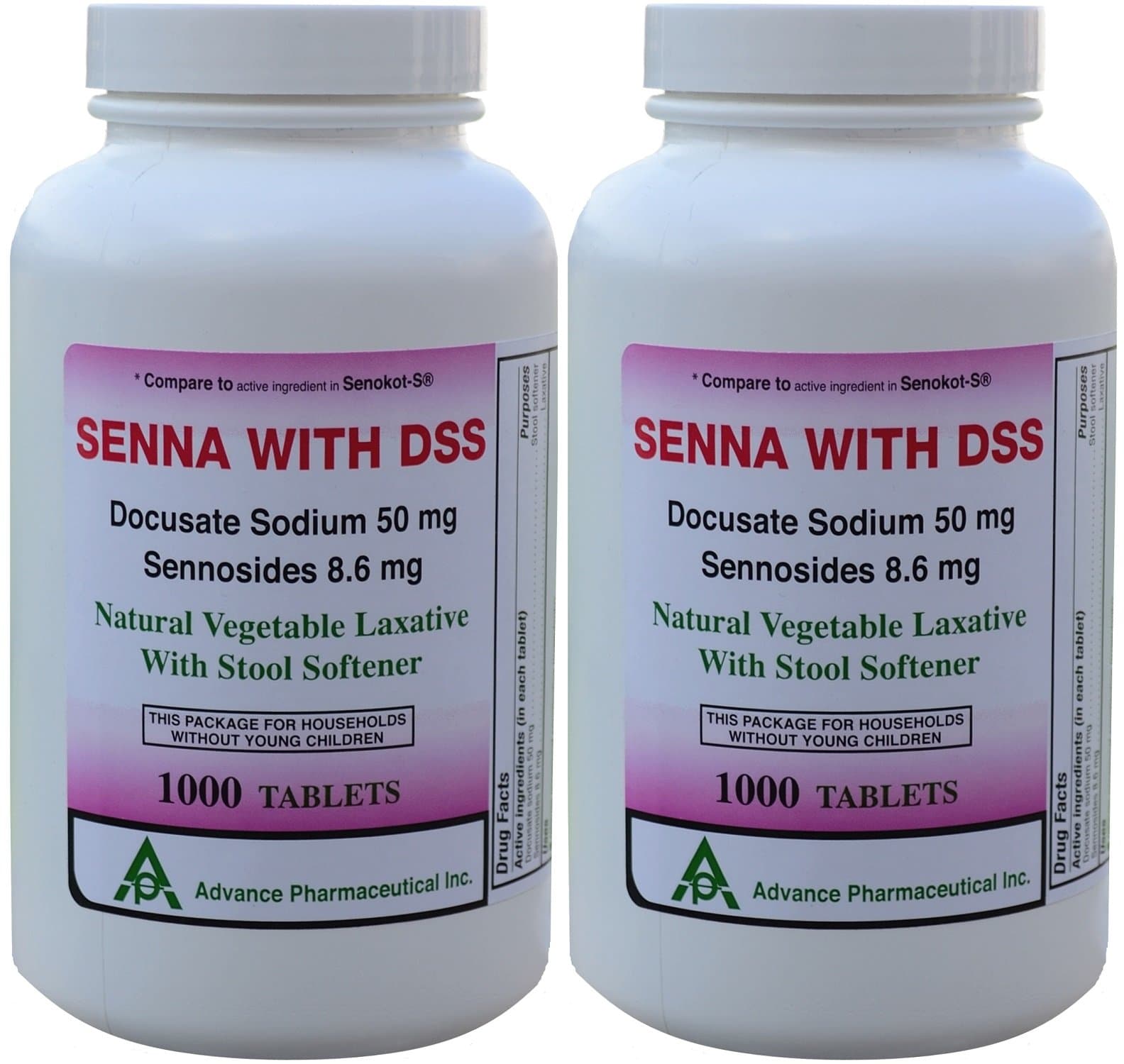 Senna 8.6 Mg & Docusate Sodium 50 mg Generic for Senokot-S Natural Vegetable Laxative Plus Stool Softener 1000 Tablets per Bottle Pack of 2