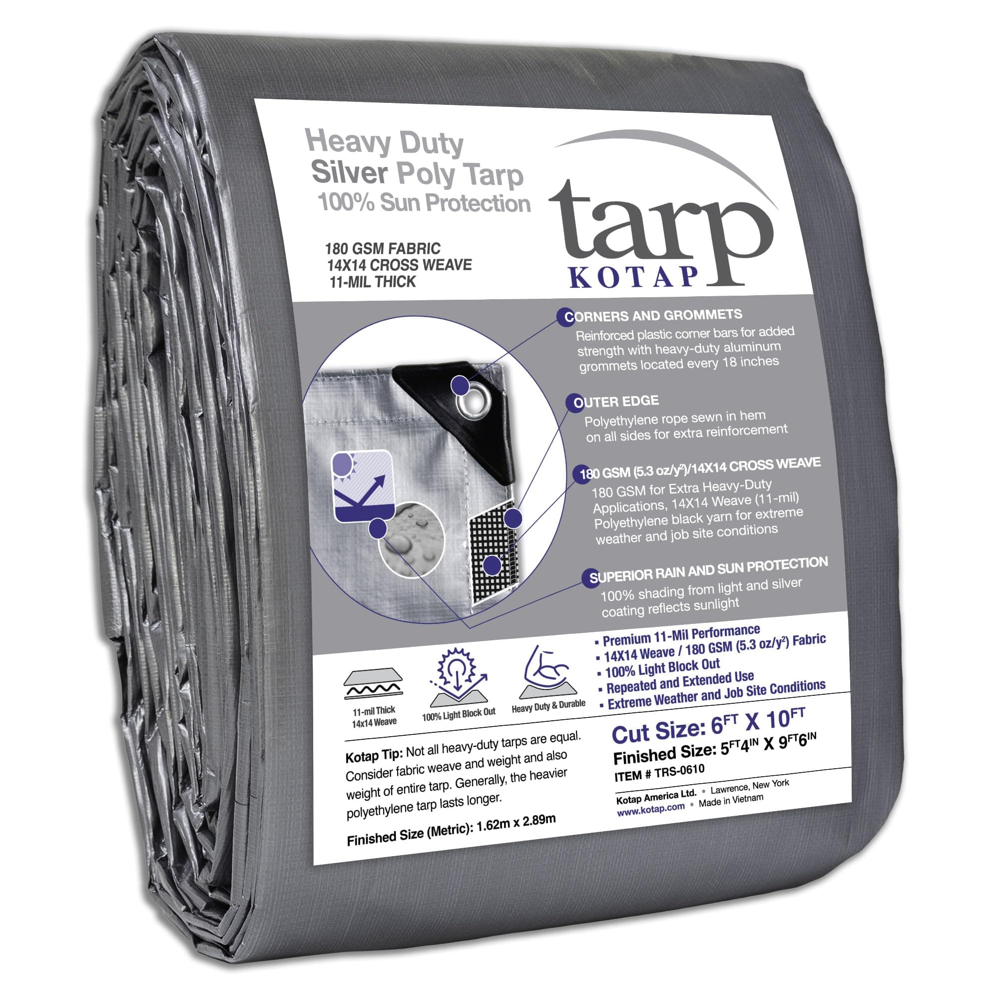 Kotap 6 x 10 Ft. Heavy-Duty Protection/Coverage Tarp, Superior Weave for Greater Longevity, 10-mil Multi-Use, Waterproof, TRS-0610, Silver (1-Pack)