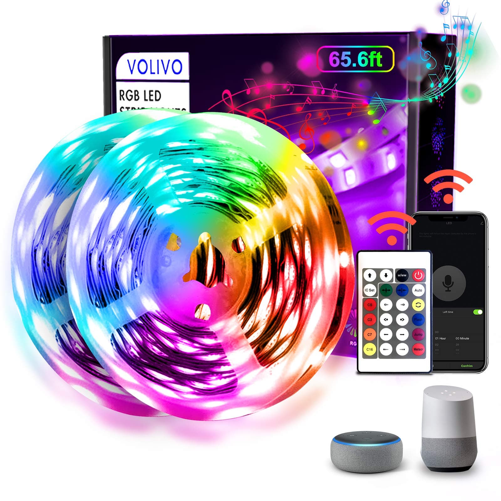 VOLIVO 65.6 FT WiFi LED Strip Lights,LED Light Strip Compatible with Alexa and Google Home,App/Remote/Voice Controlled Music Sync Color Changing Lighting for Bedroom Kitchen,Party,TV