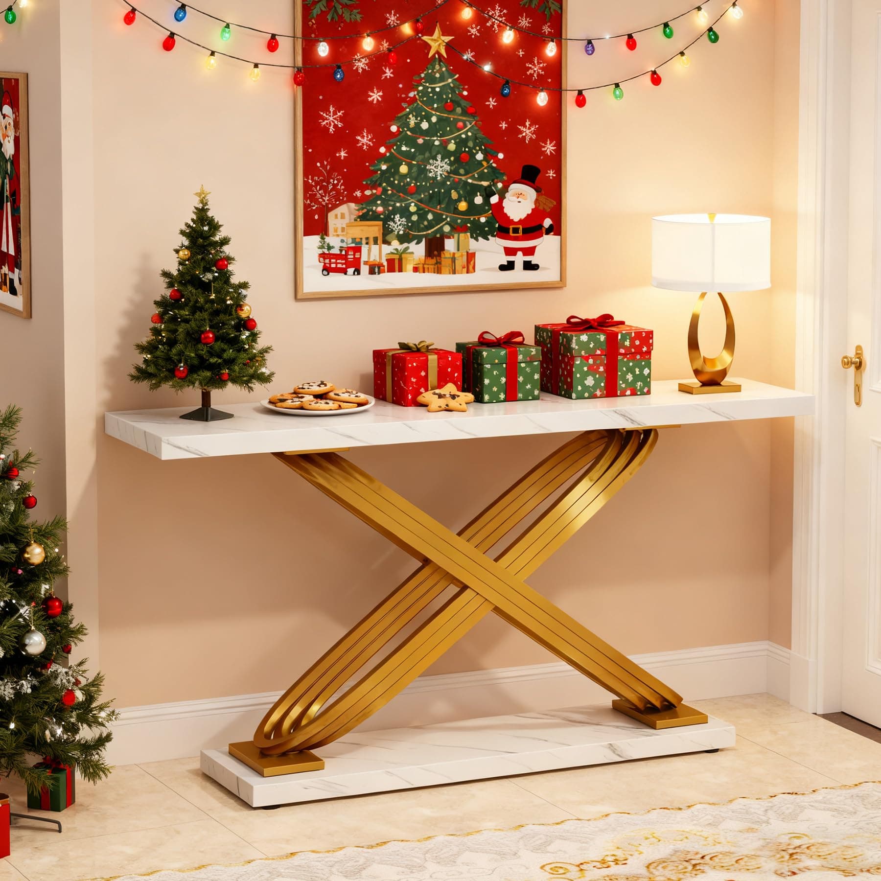 Tribesigns 55" Gold Console Table, Modern Faux Marble Entryway Table with Geometric Metal Base, Long Foyer Sofa Table for Living Room, Hallway, Entrance, Gold & White