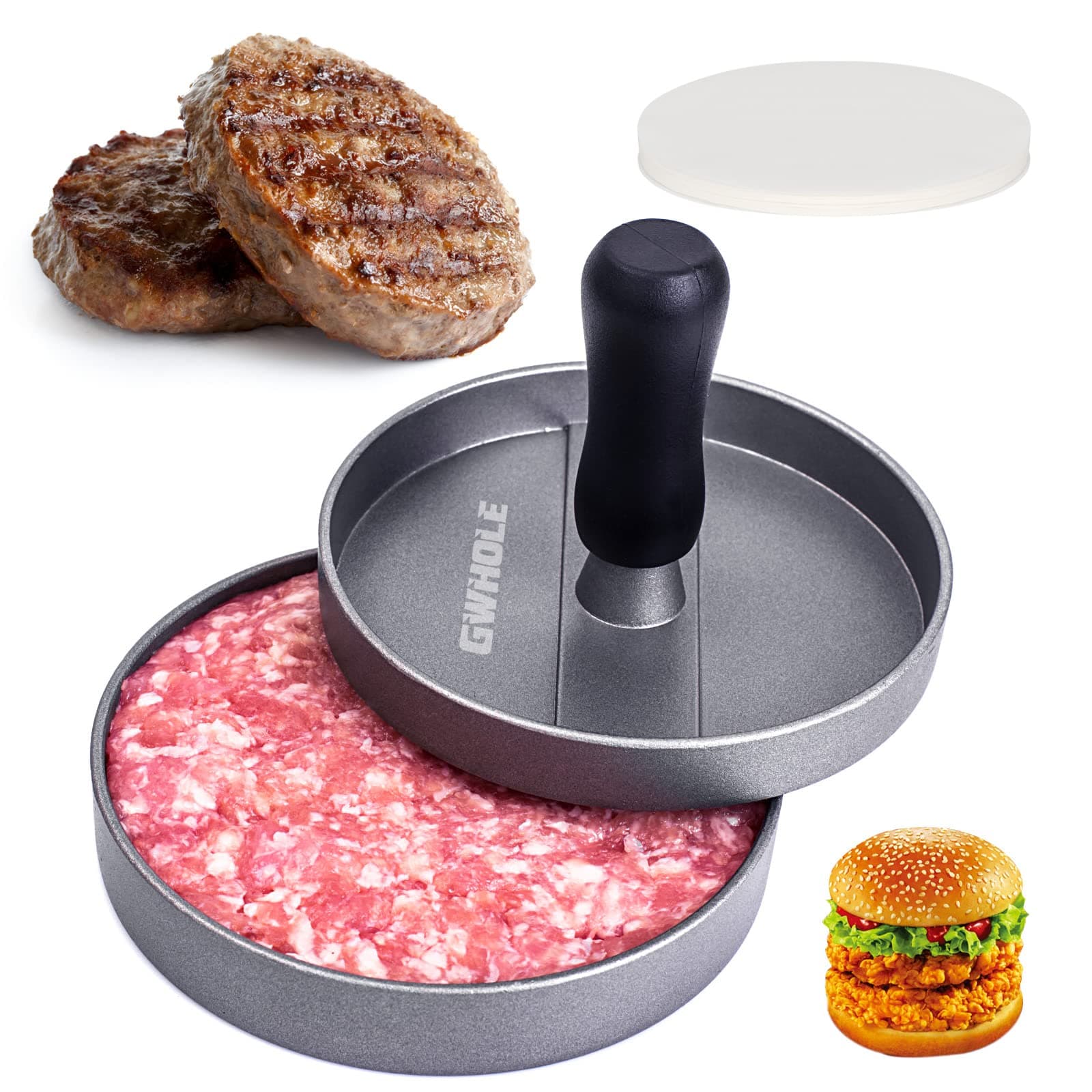 GWHOLE Non Stick Burger Press + 100 Wax Discs, Ideal for BBQ